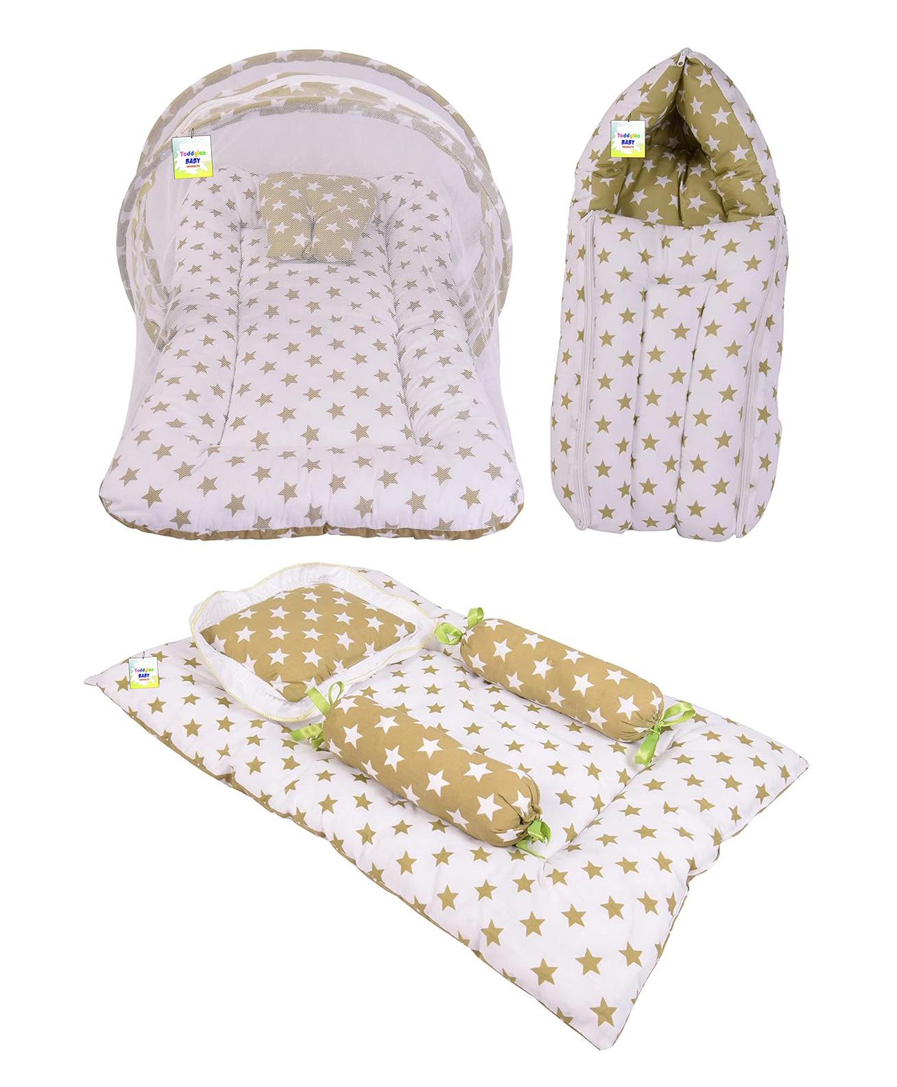 Toddylon Baby Mattress with Net New Born Sleeping Bag & 4 Pcs Gaddi Set - Green-picture-10