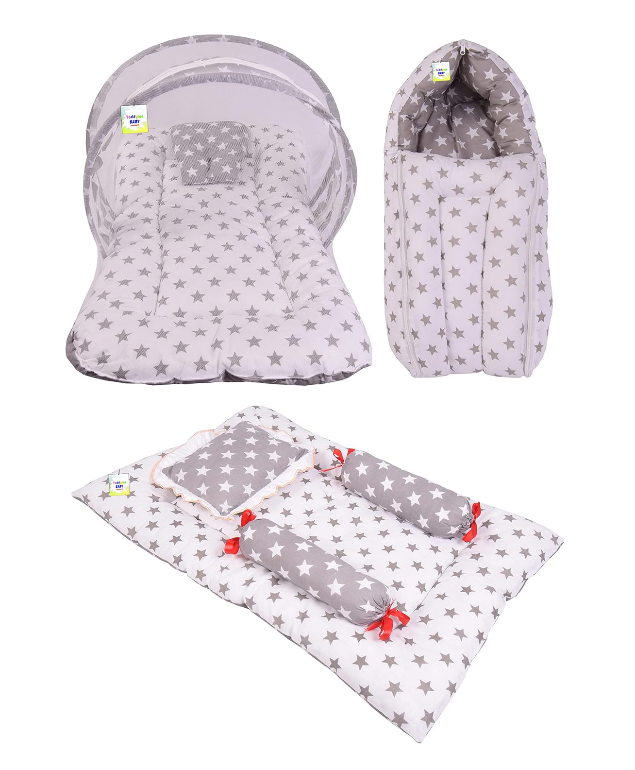 Toddylon Baby Mattress with Net New Born Sleeping Bag & 4 Pcs Gaddi Set - Grey-picture-46