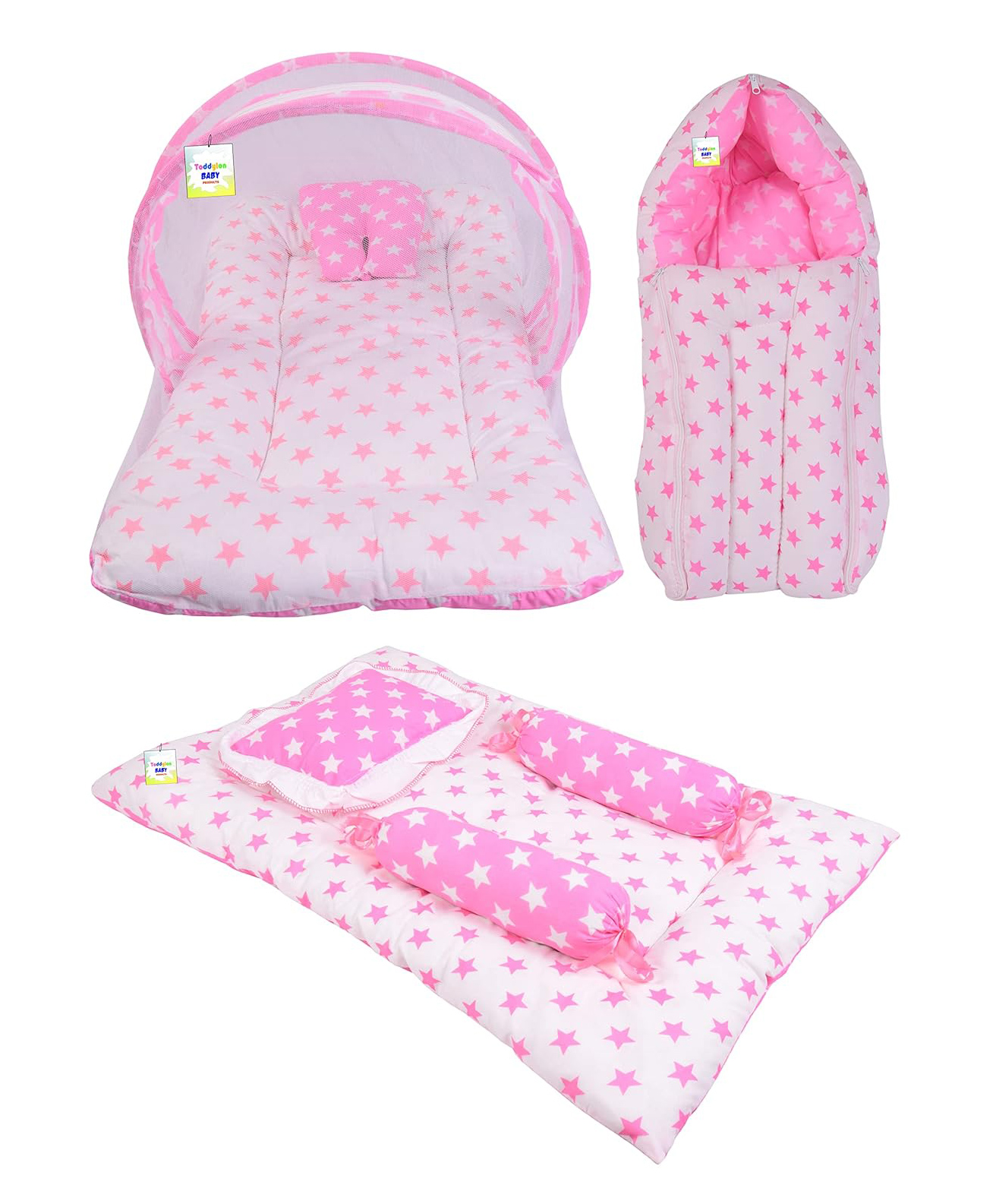 Toddylon Baby Mattress with Net New Born Sleeping Bag & 4 Pcs Gaddi Set - Pink-picture-45