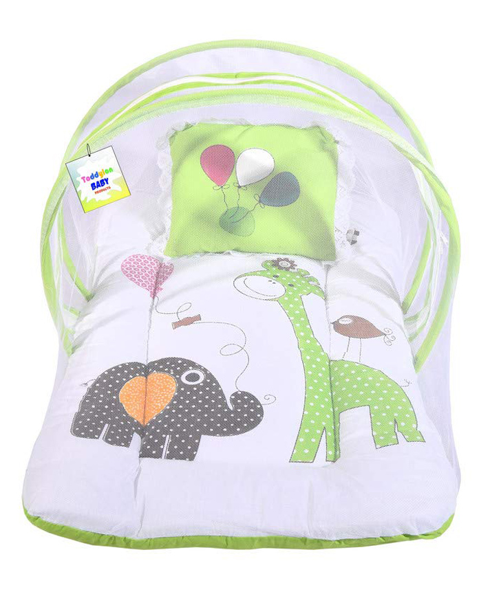 Toddylon Baby Bed New Born Mattress with Mosquito Net & Pillow - Green-picture-2