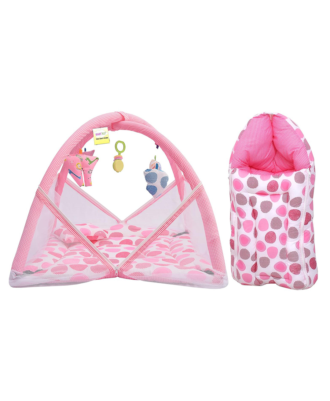 Toddylon New Born Baby Bedding Set Mattress with Mosquito Net & Sleeping Bag Combo - Pink-picture-36