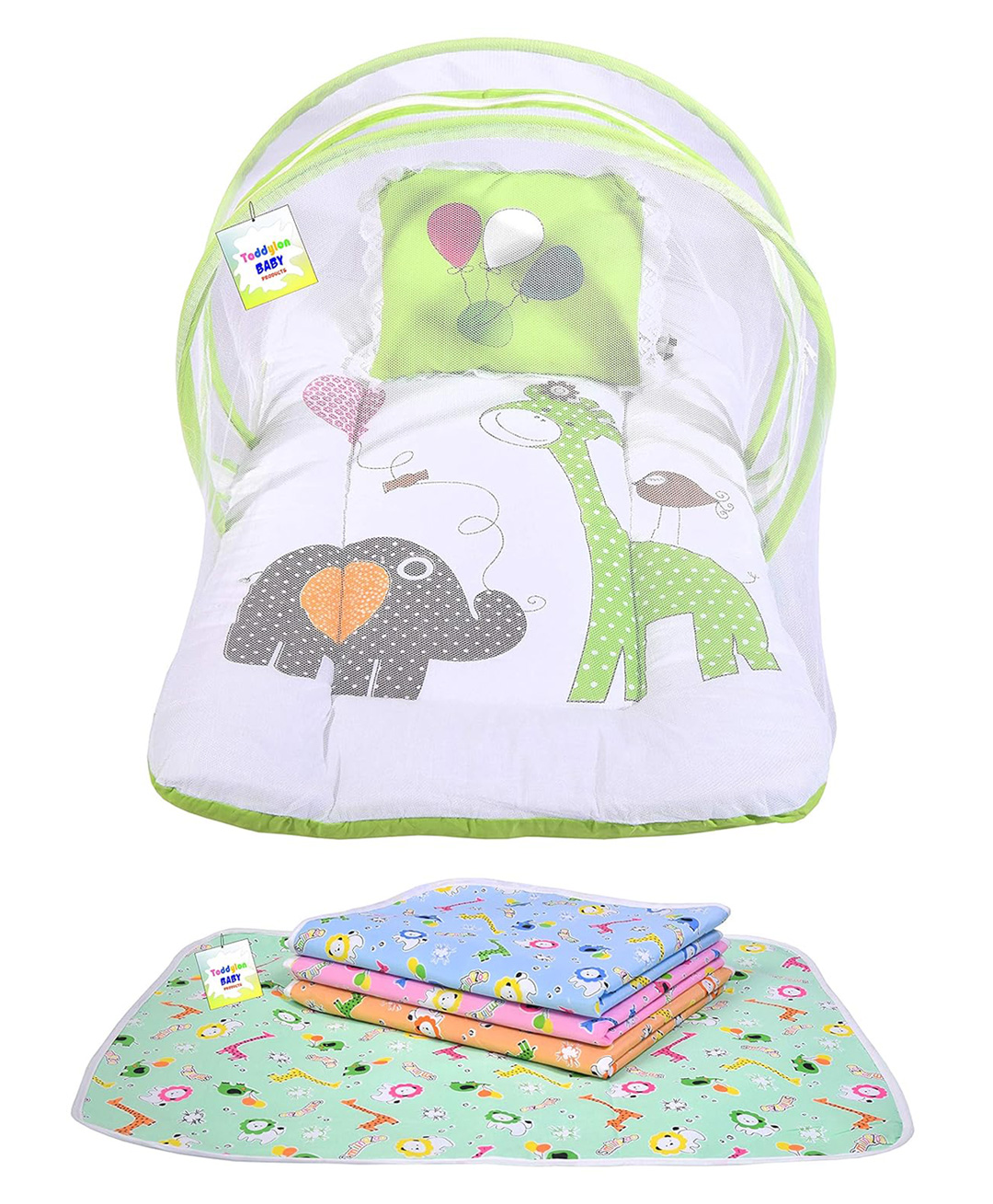 Toddylon Baby Bedding Set Mattress with Net & Nappy Changing Mats  -  Green-picture-18