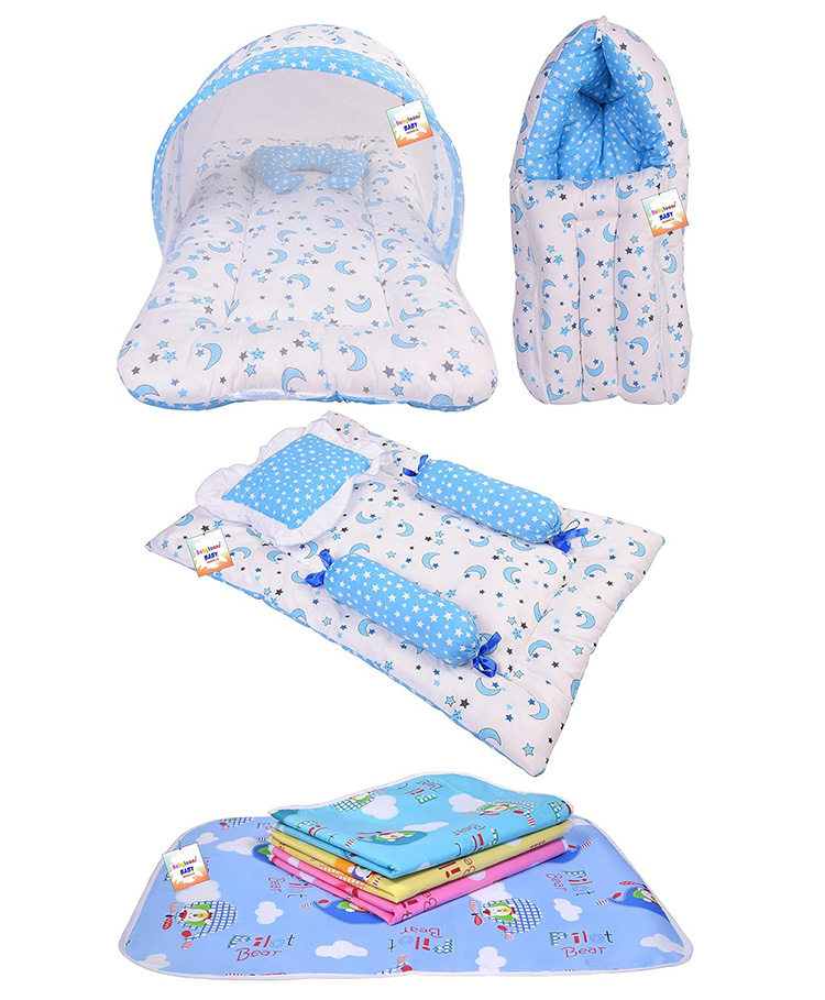 Toddylon Baby Bedding Combo Mattress with Net Sleeping Bag 4 Pcs Gaddi Set 4 Waterproof Sheets - Blue-picture-10