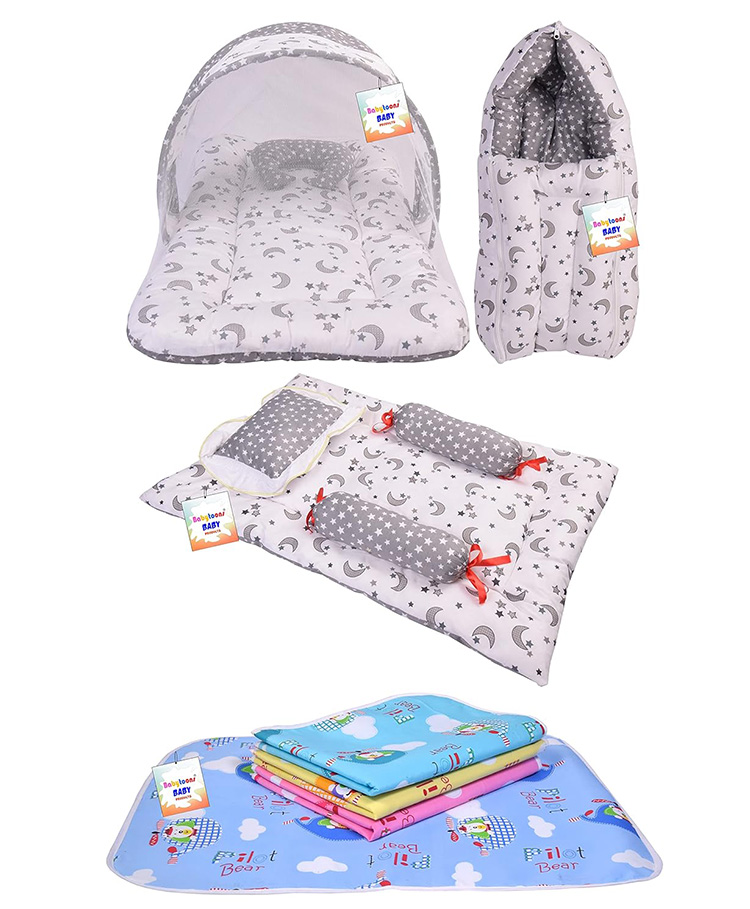 Toddylon Baby Bedding Combo Mattress with Net Sleeping Bag 4 Pcs Gaddi Set 4 Waterproof Sheets - Grey-picture-14
