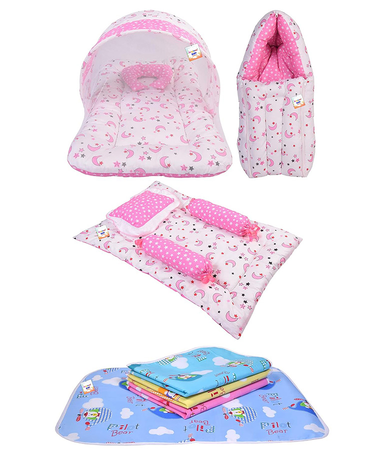 Toddylon Baby Bedding Combo Mattress with Net Sleeping Bag 4 Pcs Gaddi Set 4 Waterproof Sheets - Pink-image-20