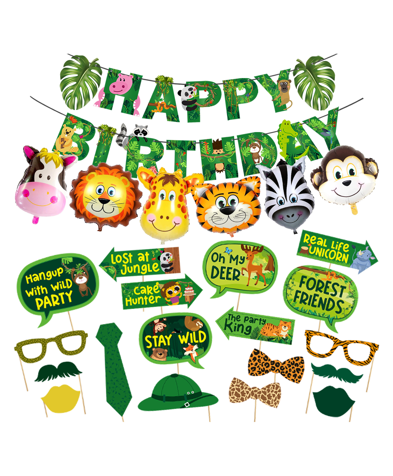 Zyozi Jungle Theme Birthday Decoration Kit Banner Photo Booth And Foil Balloons Multicolor - Pack of 25-image-27