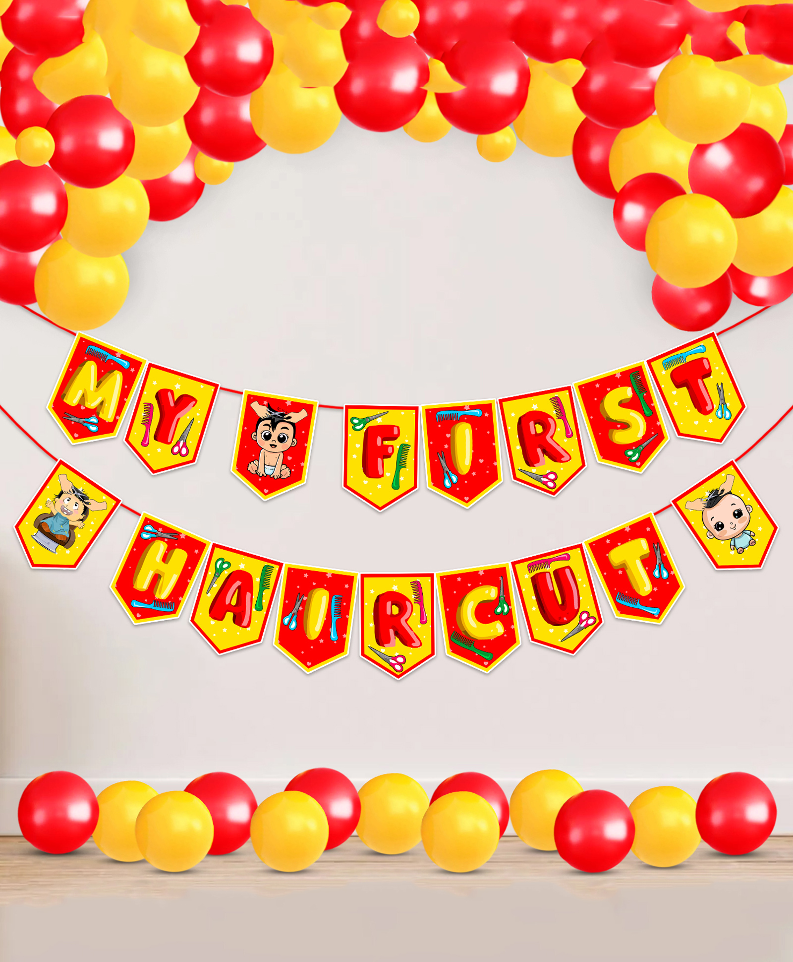 Zyozi Mundan Ceremony Decorations Items My First Hair Cut Banner & Balloons Yellow And Red - Pack Of 26-image-25