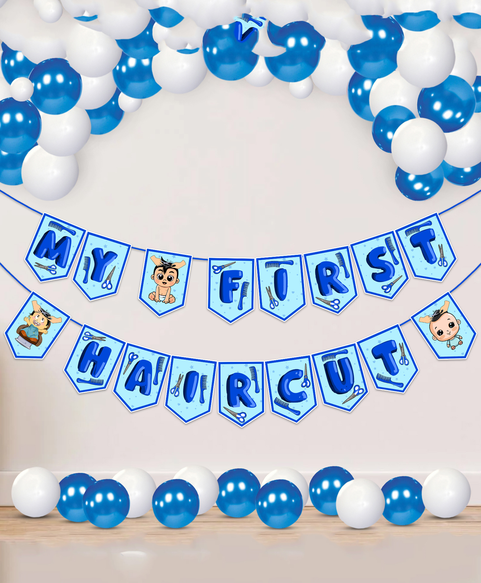 Zyozi Mundan Ceremony Decorations Items for Boys - Banner & Balloons, Blue And White - Pack Of 26-image-4