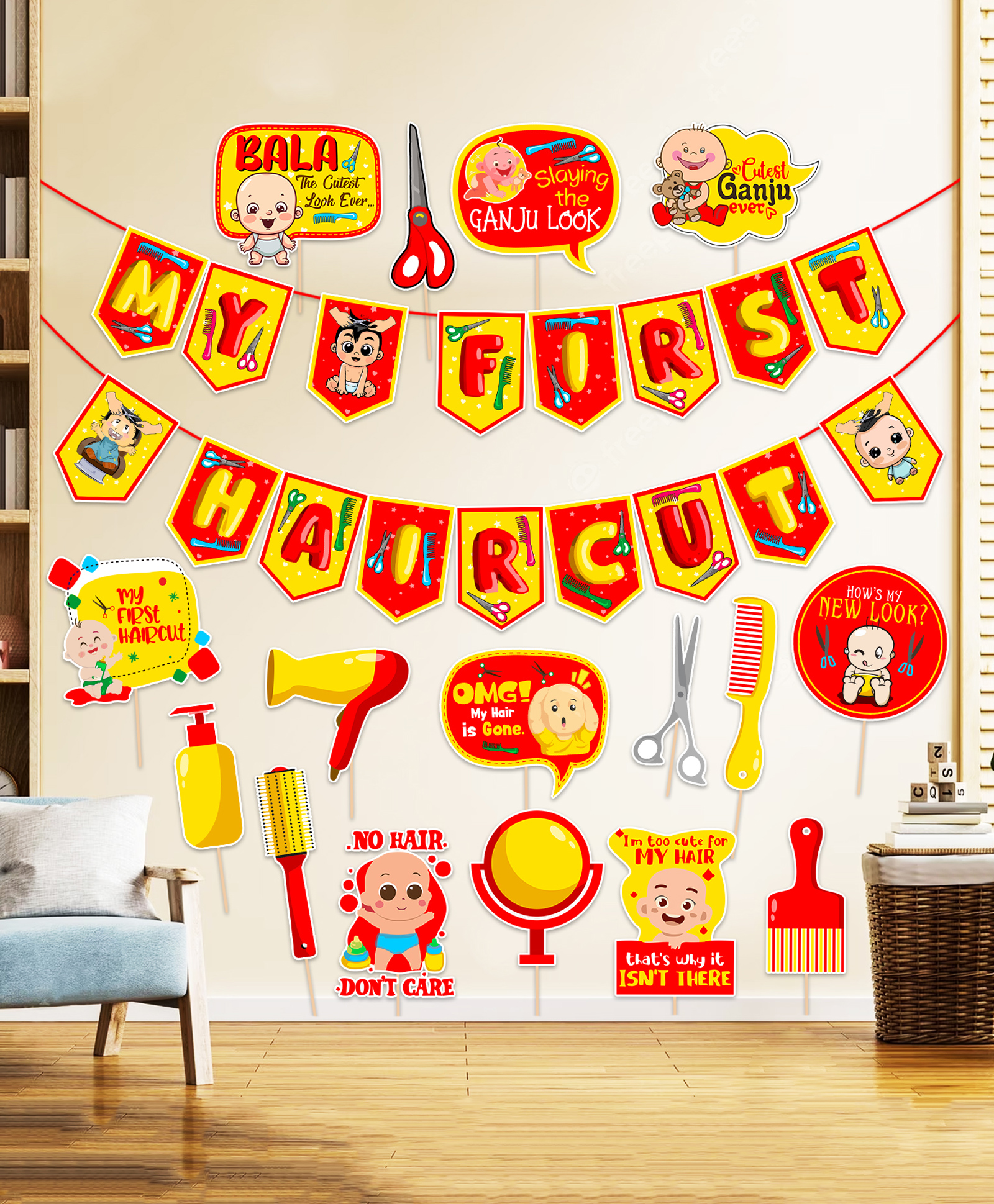 Zyozi My First Hair Cut Decorations Items For Kids Banner & Photo Booth Red And  Yellow  - Pack Of 17-image-19