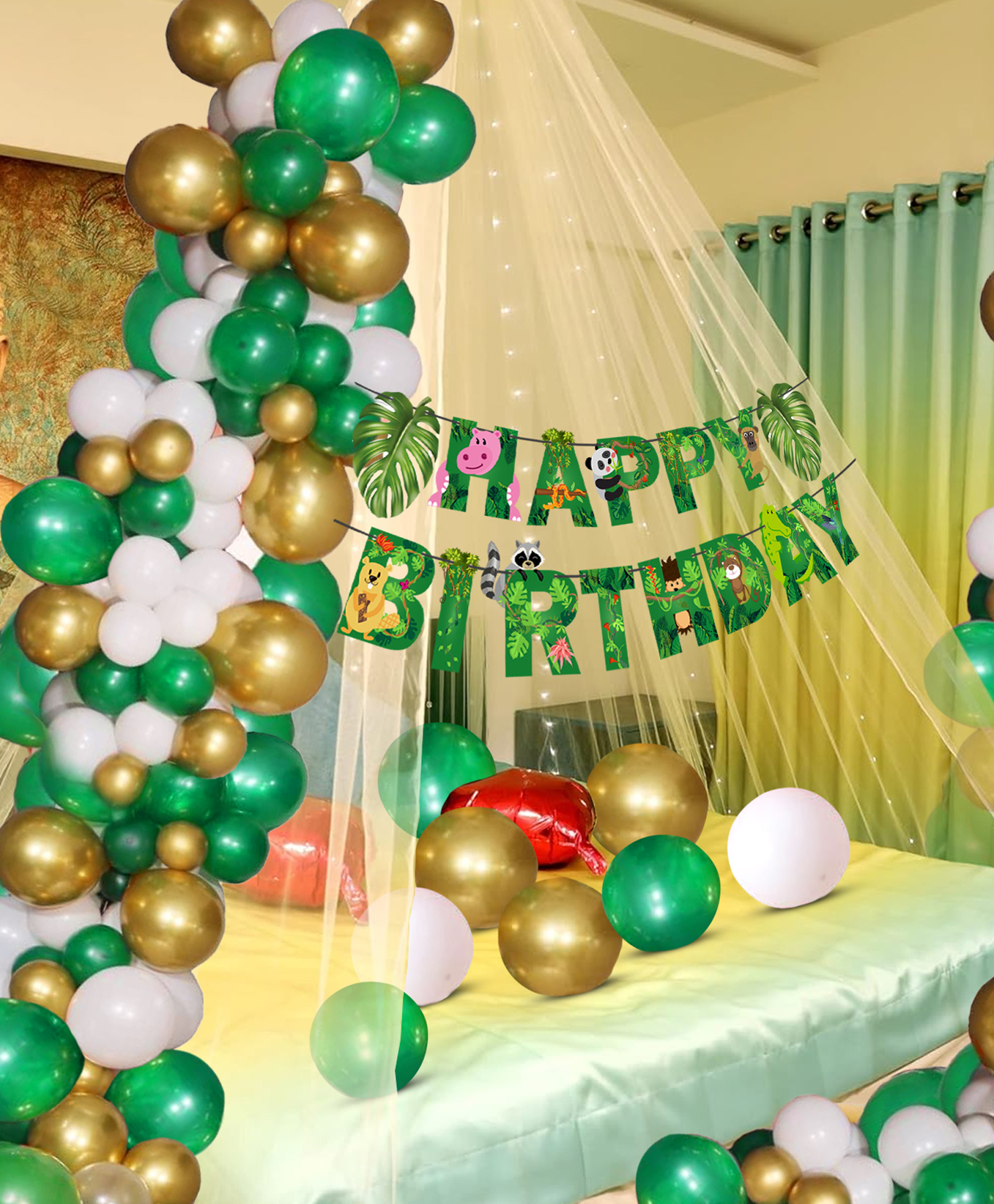 Zyozi Jungle Theme Cabana Tent Birthday Decorations Green Gold & White - Pack Of  32-image-35