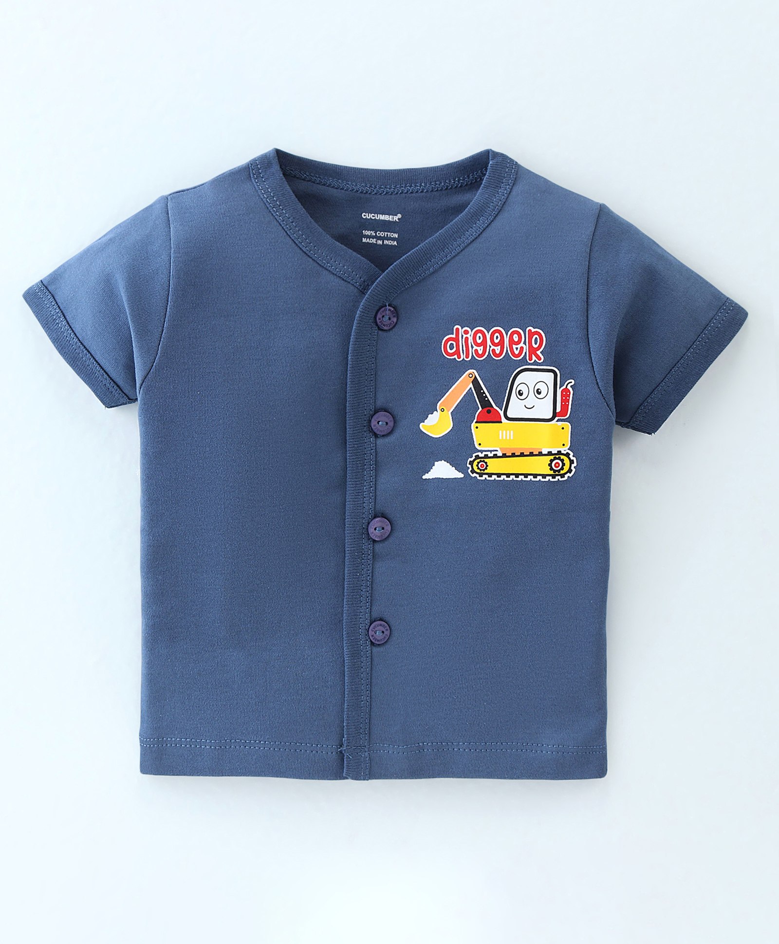 Cucumber Cotton Interlock Knit Half Sleeves Front Open Vests Construction Vehicle Print - Blue-image-14