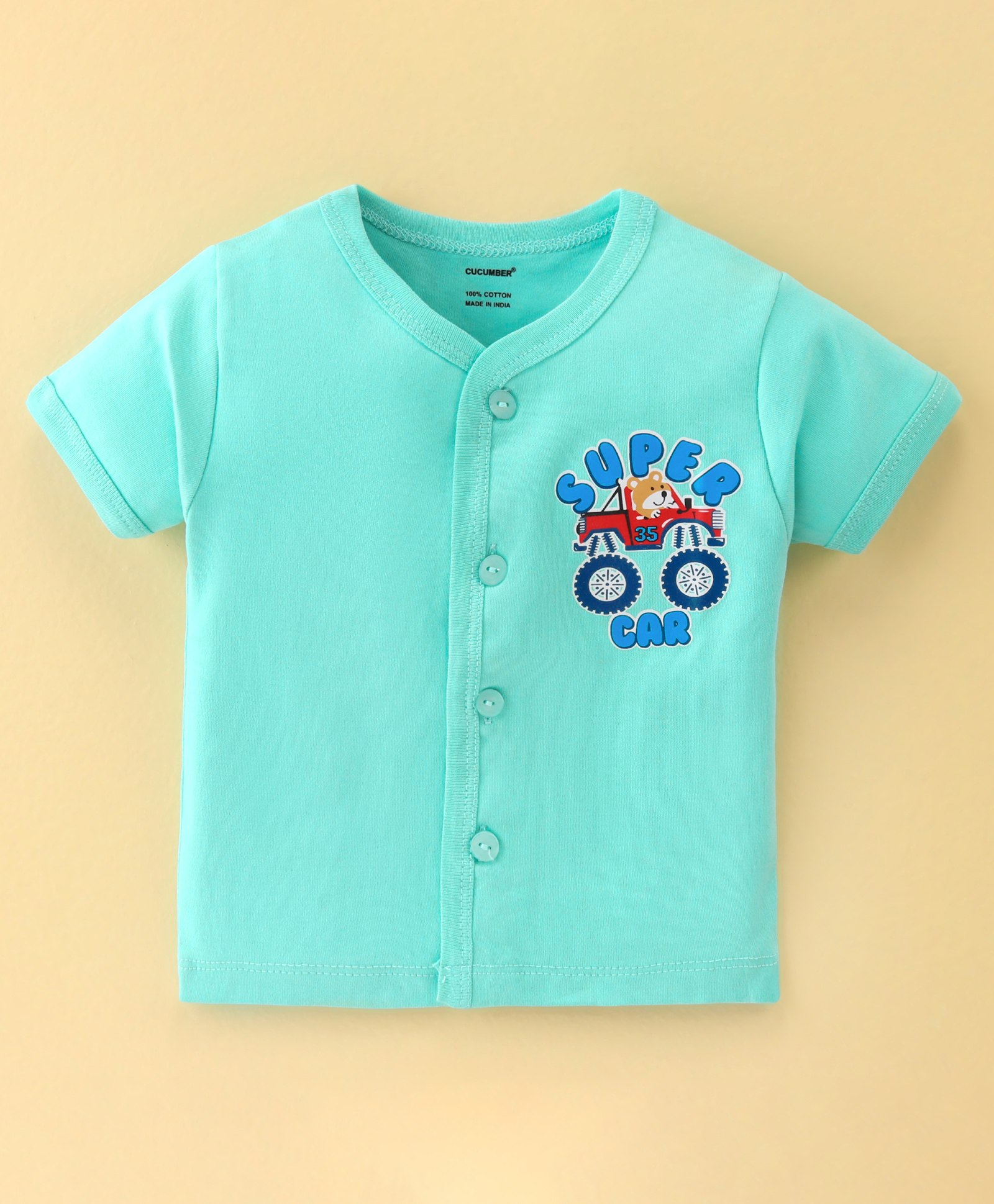 Cucumber Cotton Interlock Knit Half Sleeves Front Open Vests Bear Print - Blue-picture-39