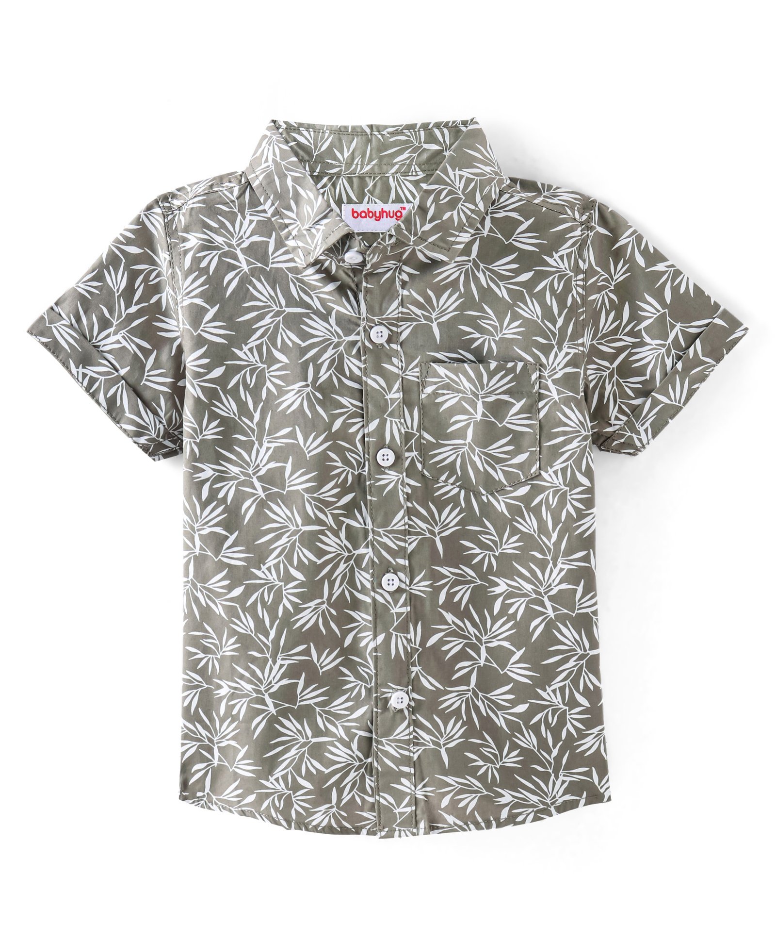 Babyhug 100% Cotton Woven Half Sleeves Regular Collar Shirt Leafy Print - White & Grey-image-6