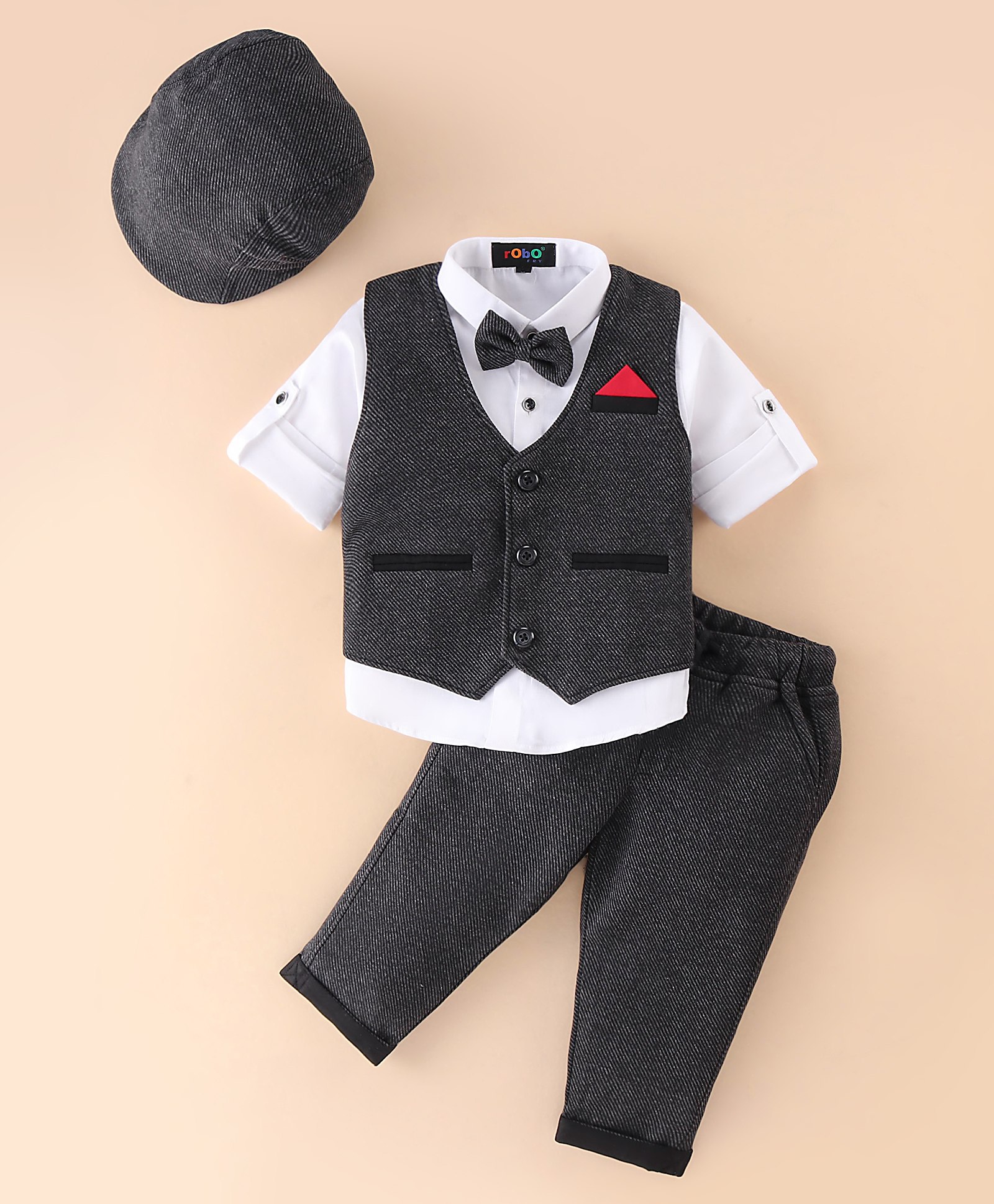 Robo Fry Woven Full Sleeves Party Suit with Cap & Bow - Blue & White-picture-22