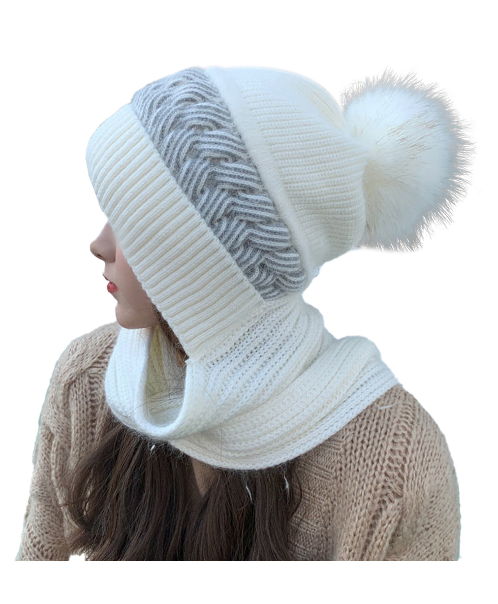SYGA Women Winter Knitted warm Hat with Scarf Ear Protection Woolen Hat Pompom Winter cap - WHITE-picture-26