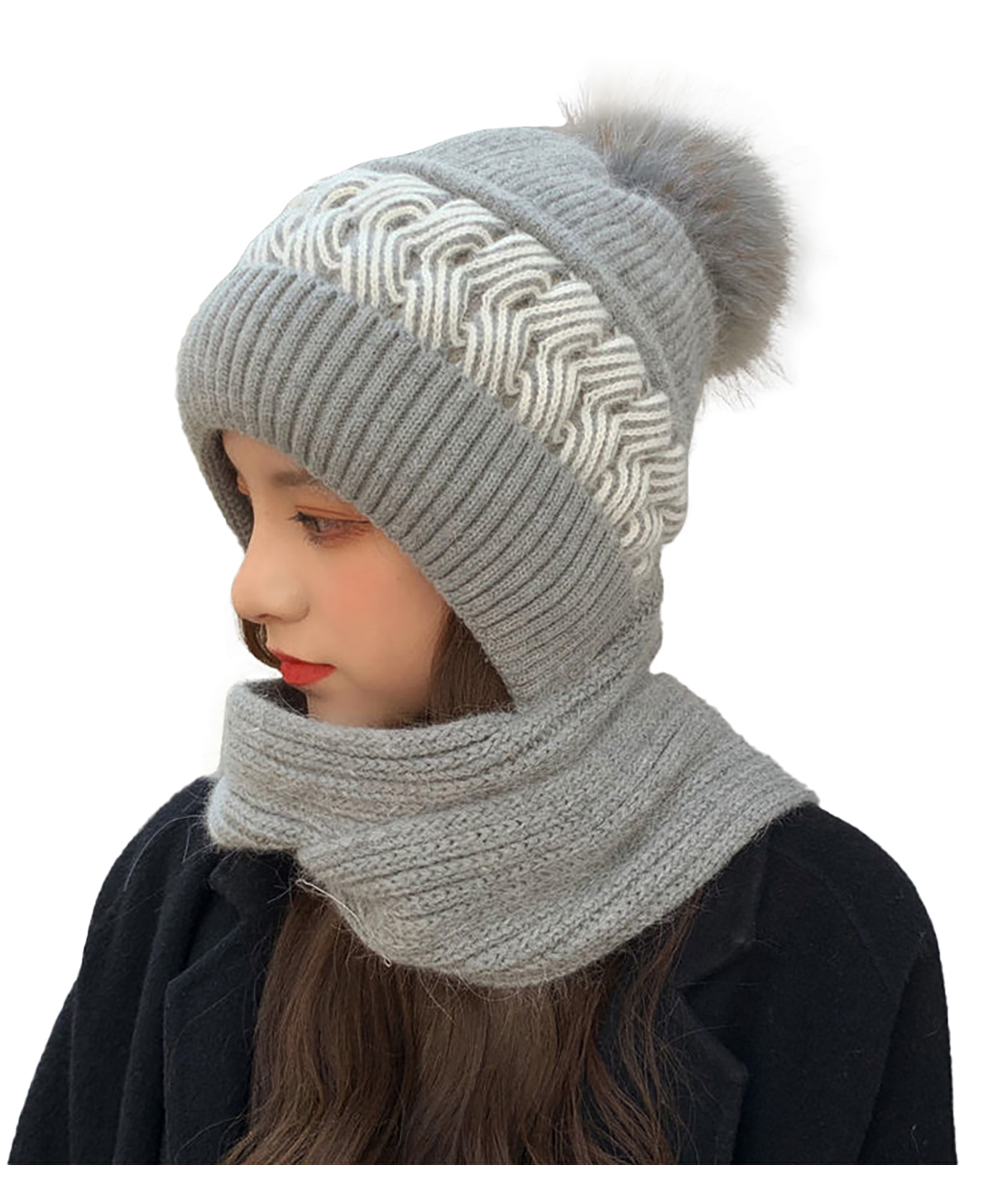 SYGA Women Winter Knitted warm Hat with Scarf Ear Protection Pompom Woolen Hat Grey-picture-29