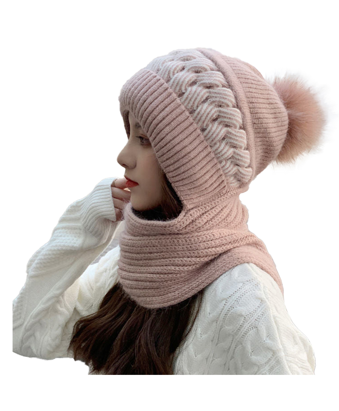 SYGA Women Winter Knitted warm Hat with Scarf Ear Protection Pompom Woolen Hat For Adult Pink-picture-28