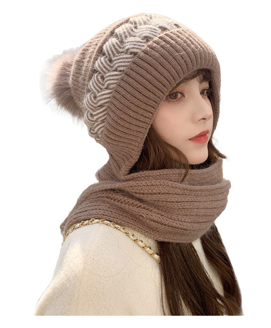 SYGA Women Winter Knitted warm Hat with Scarf Ear Protection Pompom Woolen Hat Khaki-picture-18