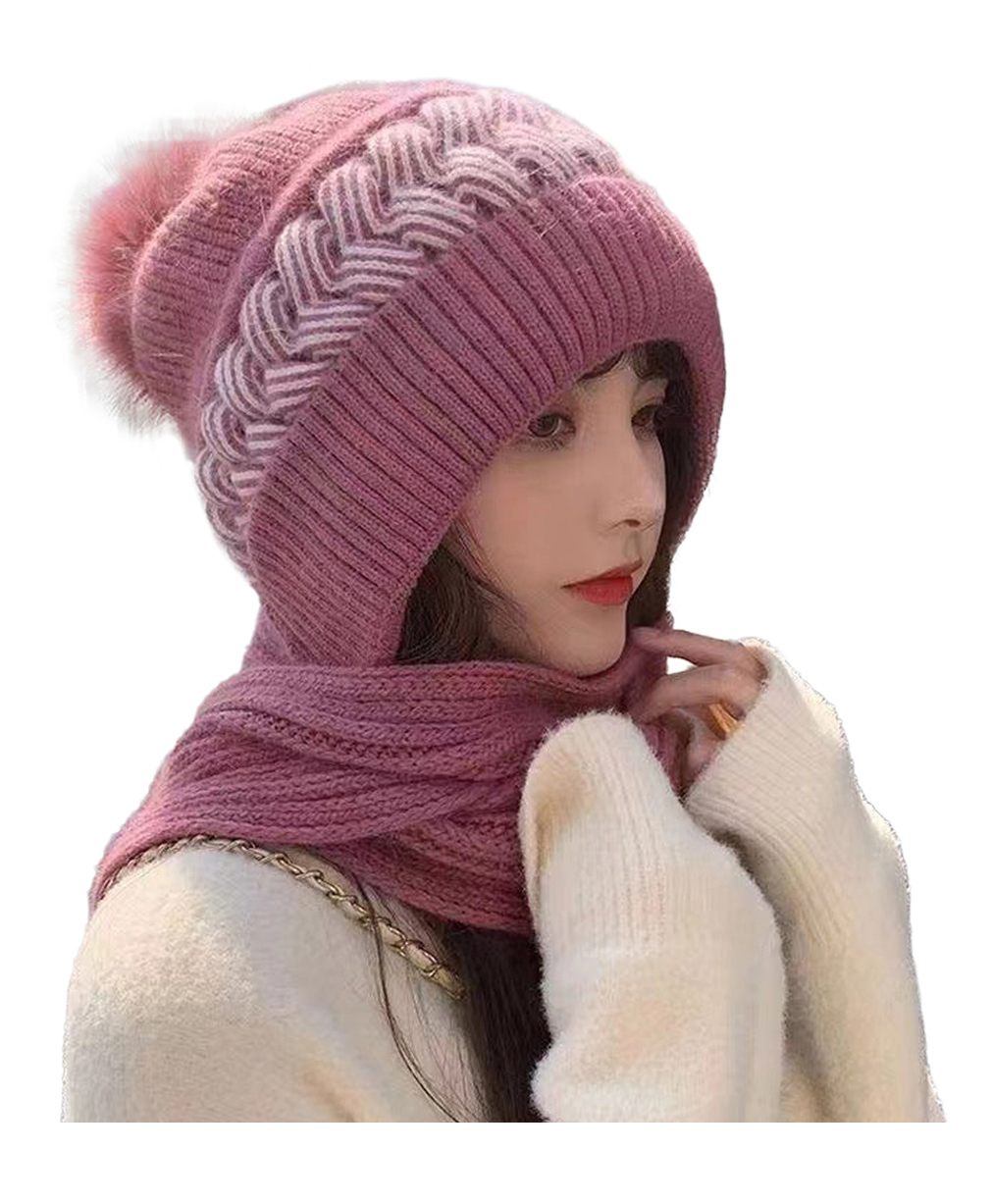 SYGA Women Winter Knitted warm Hat with Scarf Ear Protection Pompom Woolen Hat Leather Pink-picture-32