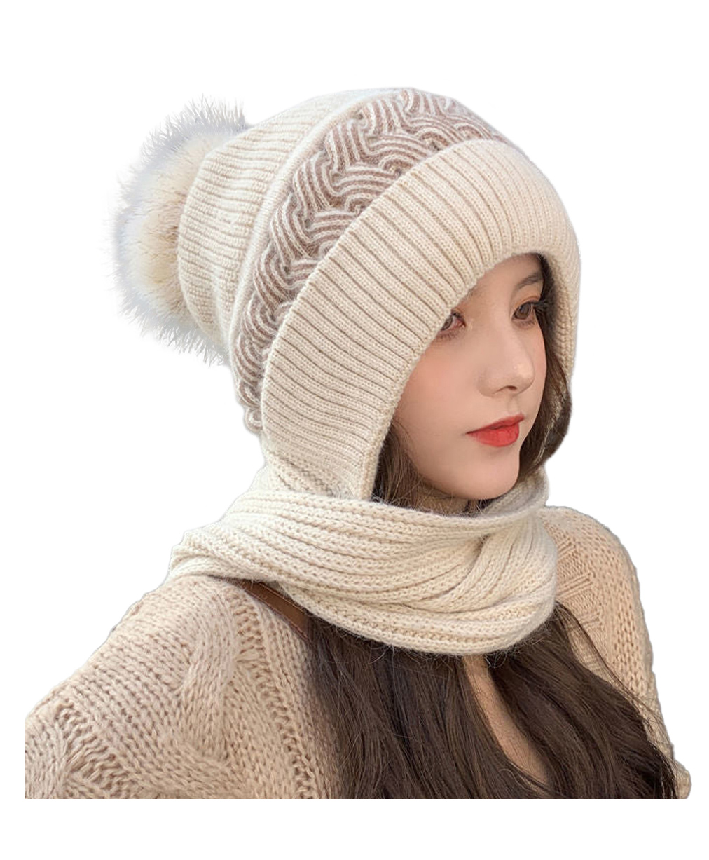 SYGA Women Winter Knitted warm Hat with Scarf Ear Protection Pompom Woolen Hat Beige-image-18