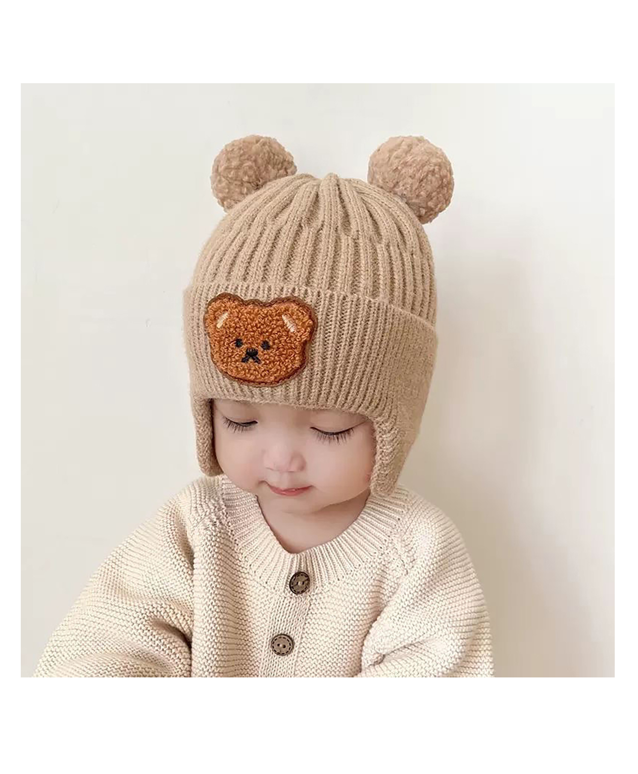 SYGA Winter Warm Ear Protection Knitted Cute Pompom Baby Hat  Khaki - Diameter 12cm-image-12