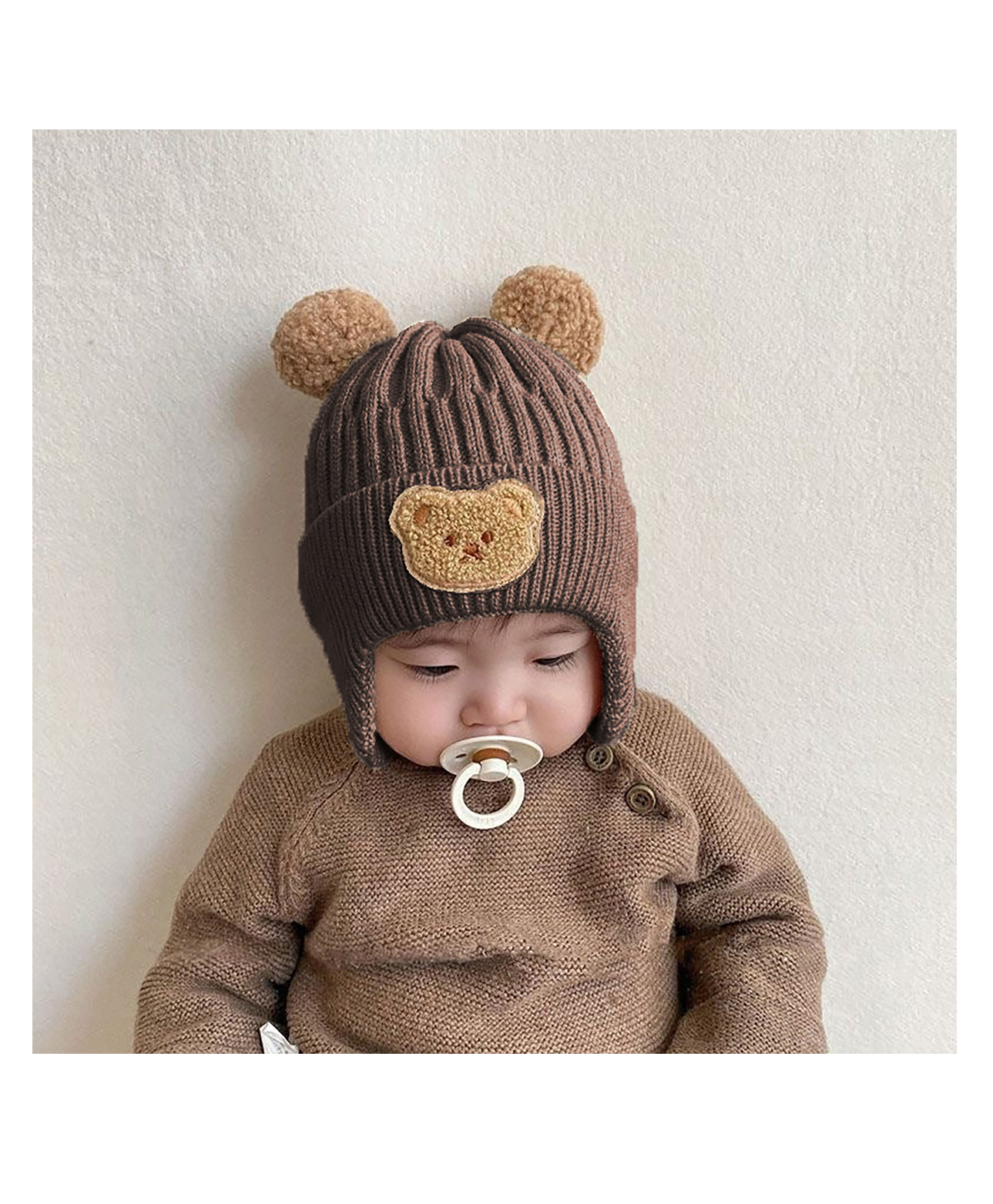 SYGA Winter Warm Ear Protection Knitted Cute Pompom Baby Hat Brown - Diameter 12cm-image-34