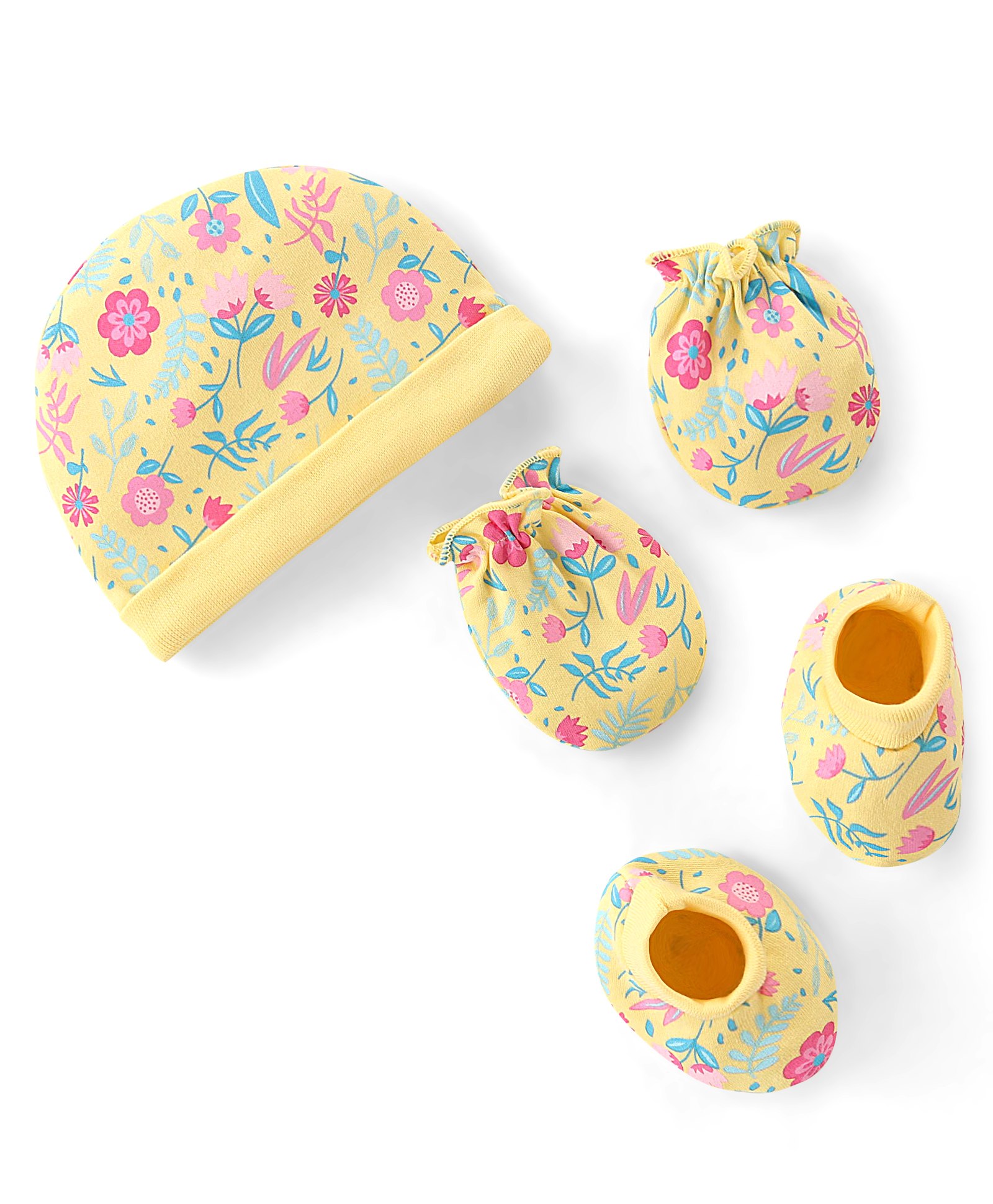 Babyhug 100% Cotton Knit Cap Mittens & Booties Set Floral Print - Yellow-picture-16
