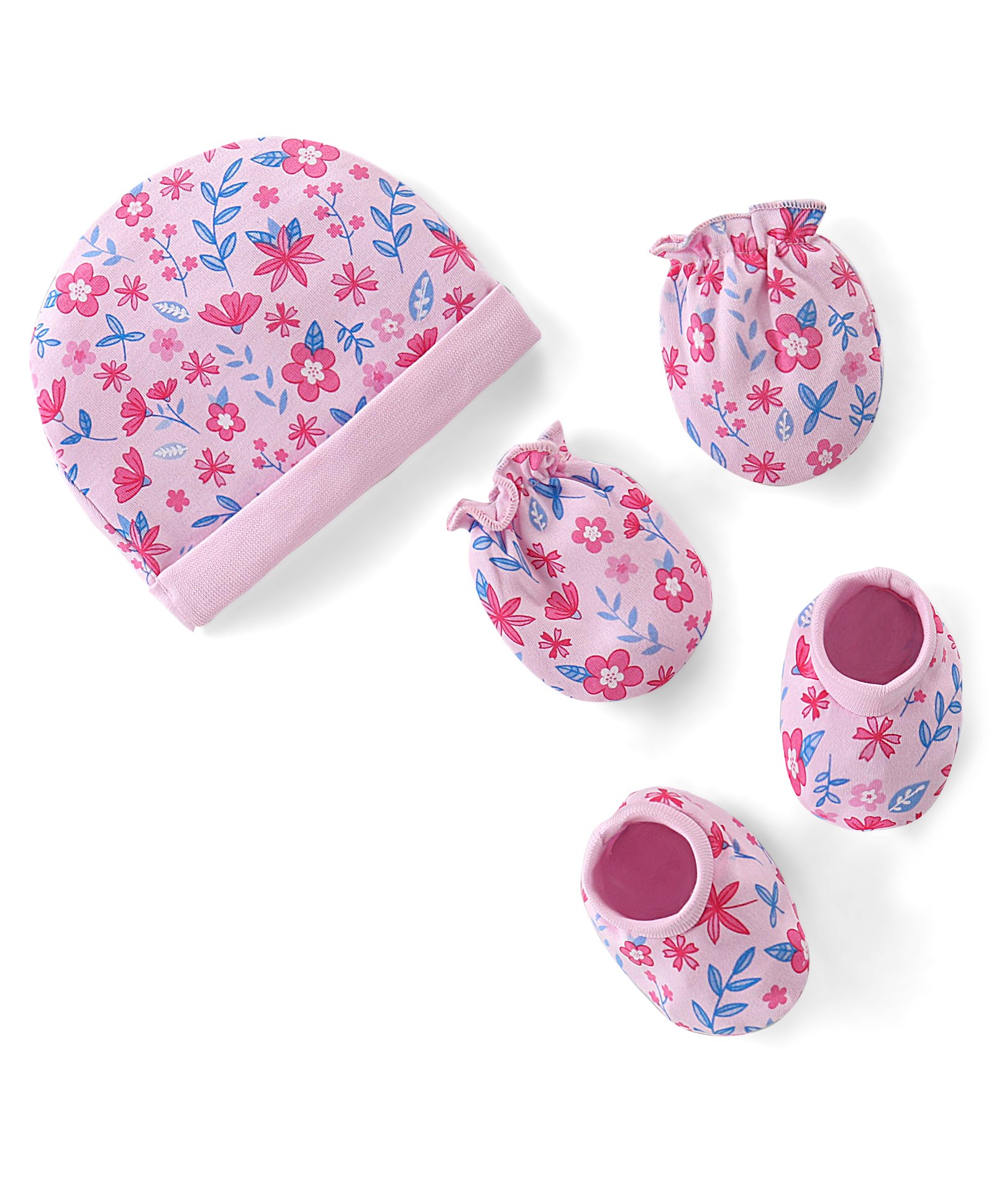 Babyhug 100% Cotton Knit Cap Mittens & Booties Set Floral Print- Pink-picture-19