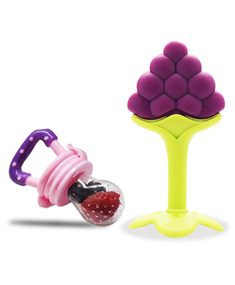 Chinmay Kids Baby Fruit Shape Teether & Soother Soft Stick Dental Care BPA- Free Pack of 2 Teether - Purple Pink-picture-13
