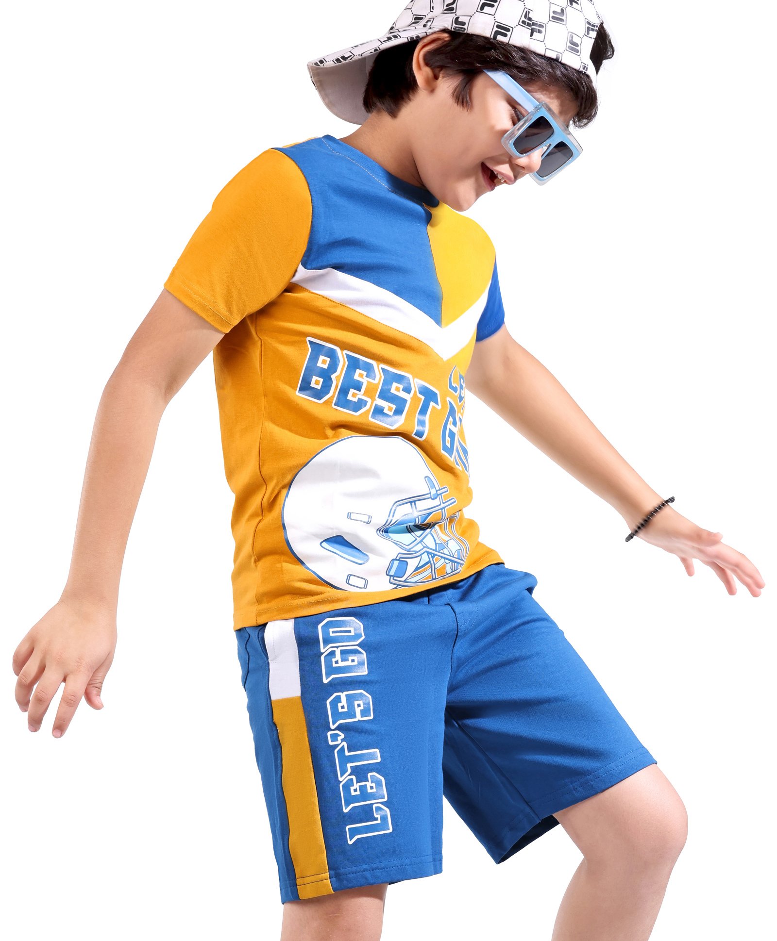 Ollington St. 100% Cotton Knit Half Sleeves T-Shirt & Shorts Set Text Print - Yellow & Blue-picture-25
