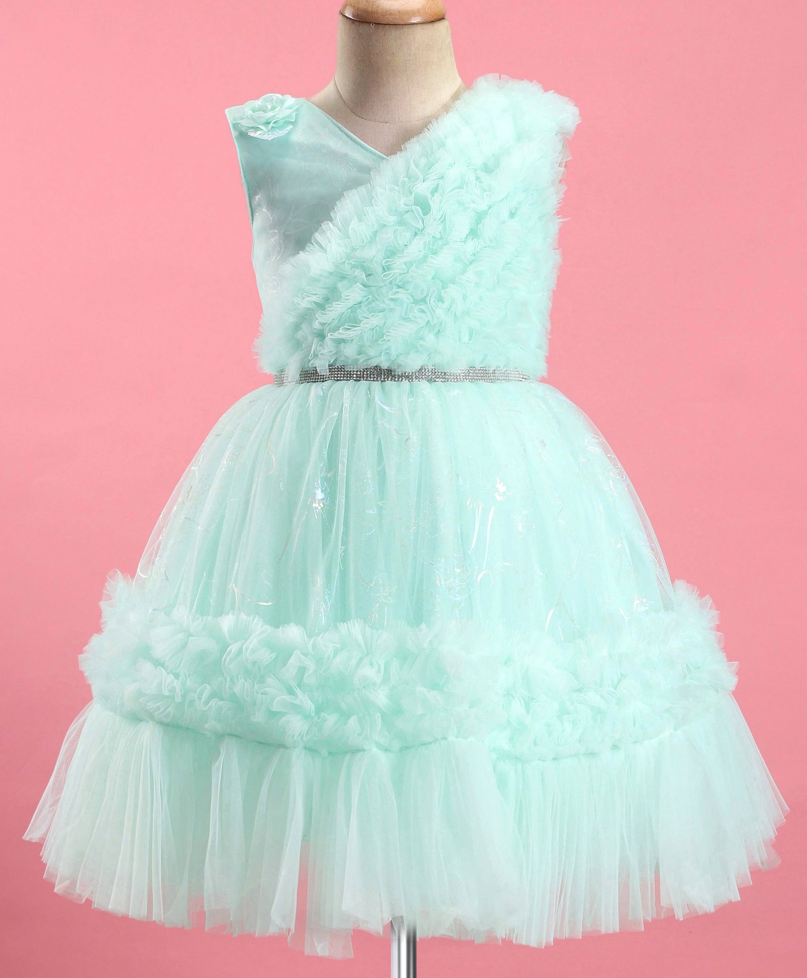 Bluebell Net Sleeveless Floral & Frill Detailing Flared Party Frock - Light Blue-image-41