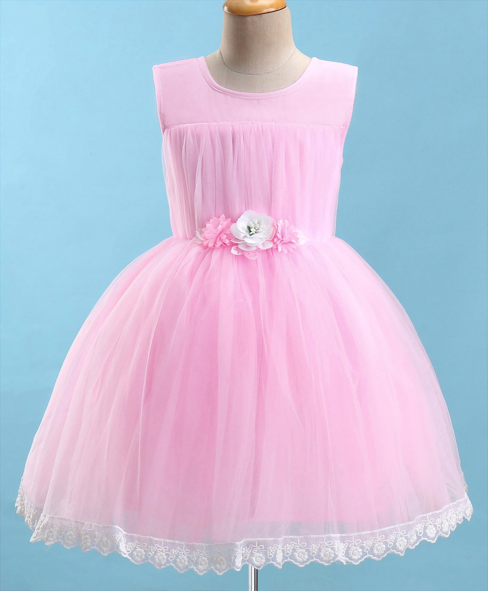 Bluebell Net Sleeveless Solid Colour Floral & Lace Detailing A-Line Party Frock - Light Light Pink-image-30