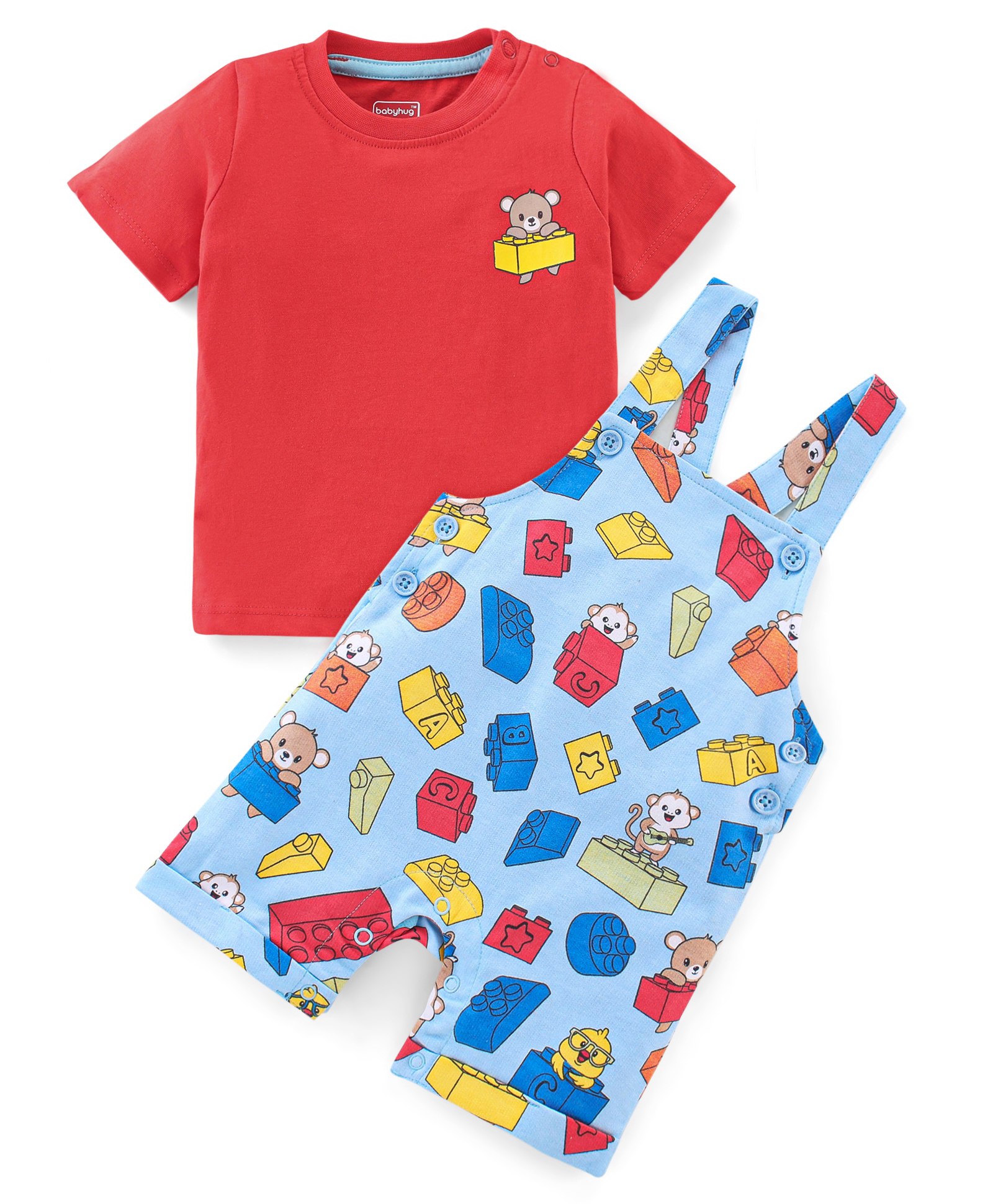 Babyhug Cotton Knit Dungaree with Half Sleeves Inner Tee Set Teddy & Blocks Print - Light Blue & Red-image-19