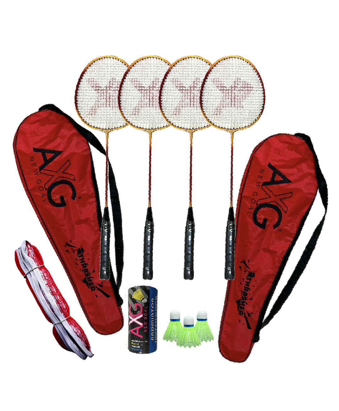 AXG New Goal Classy Colored Thrasher Racquets Set of 4 with Plastic Shuttles and Net Badminton Kit (Red)-picture-37