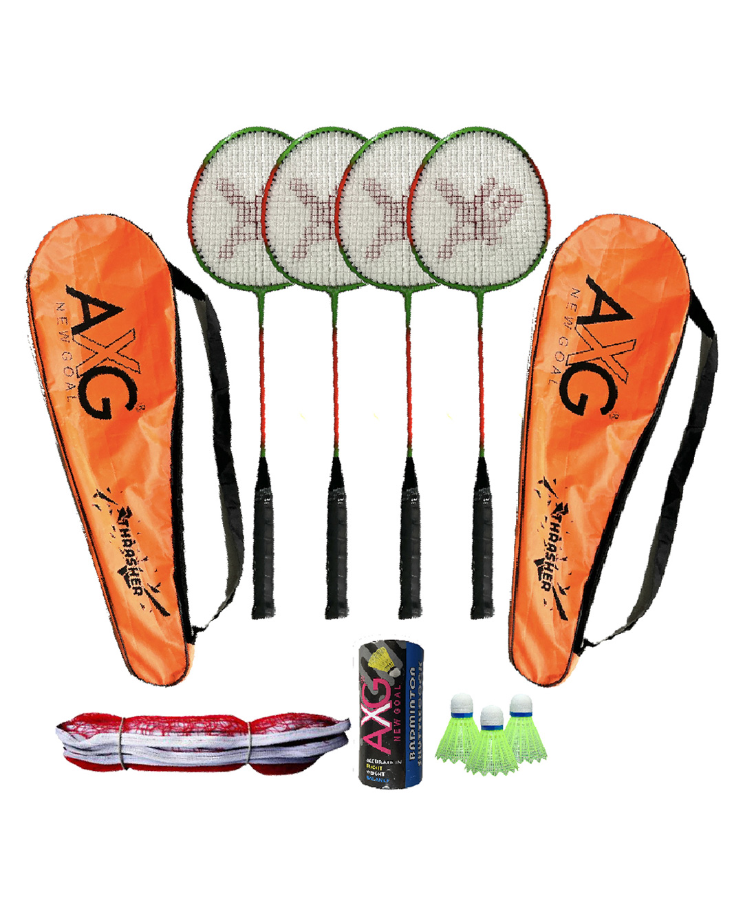 AXG New Goal Classy Colored Thrasher Racquets Set of 4 with Plastic Shuttles and Net Badminton Kit (Orange)-picture-38