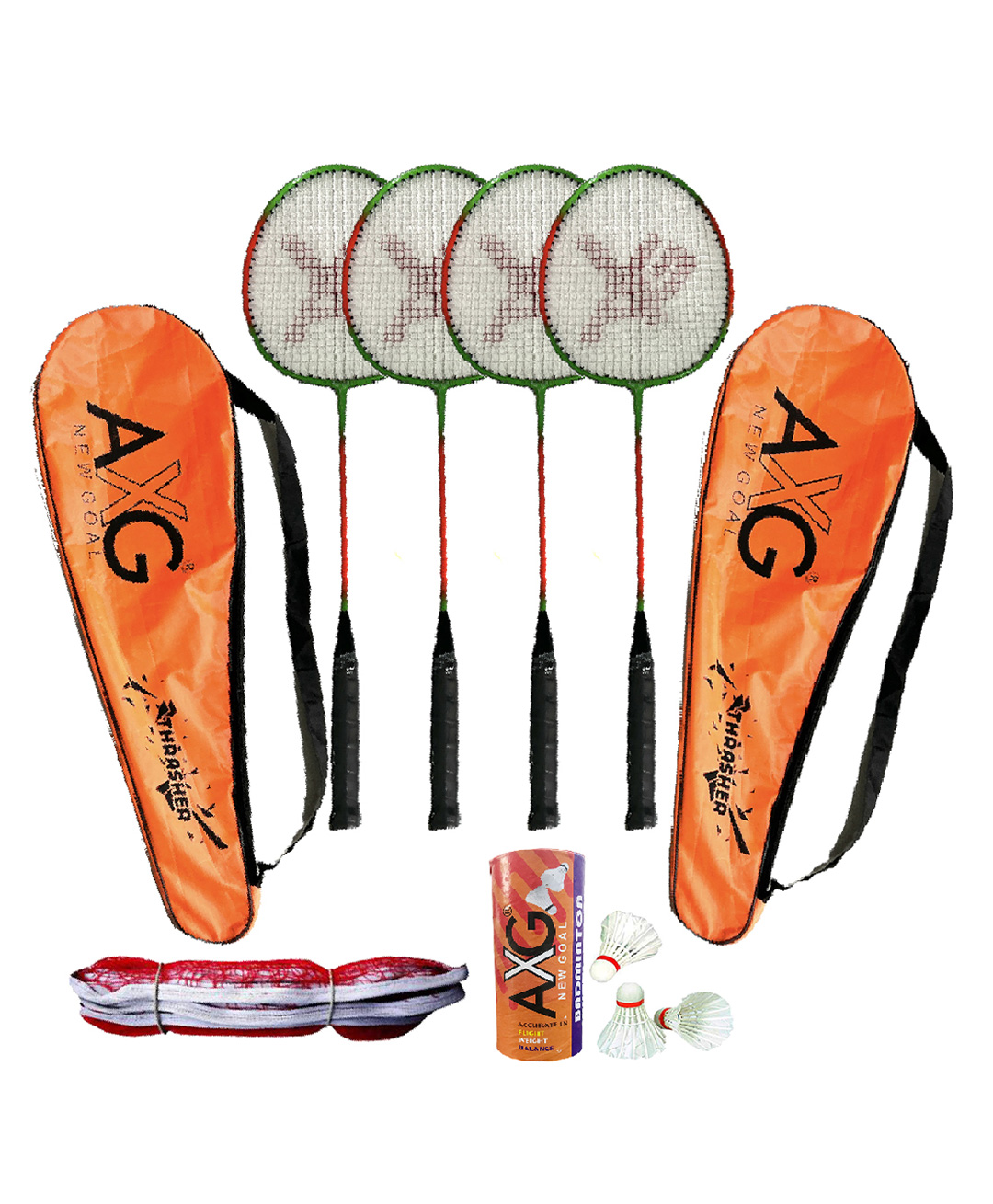 AXG New Goal Classy Colored Thrasher Racquets with Feather shuttles and Net Badminton Kit (Orange)-image-26
