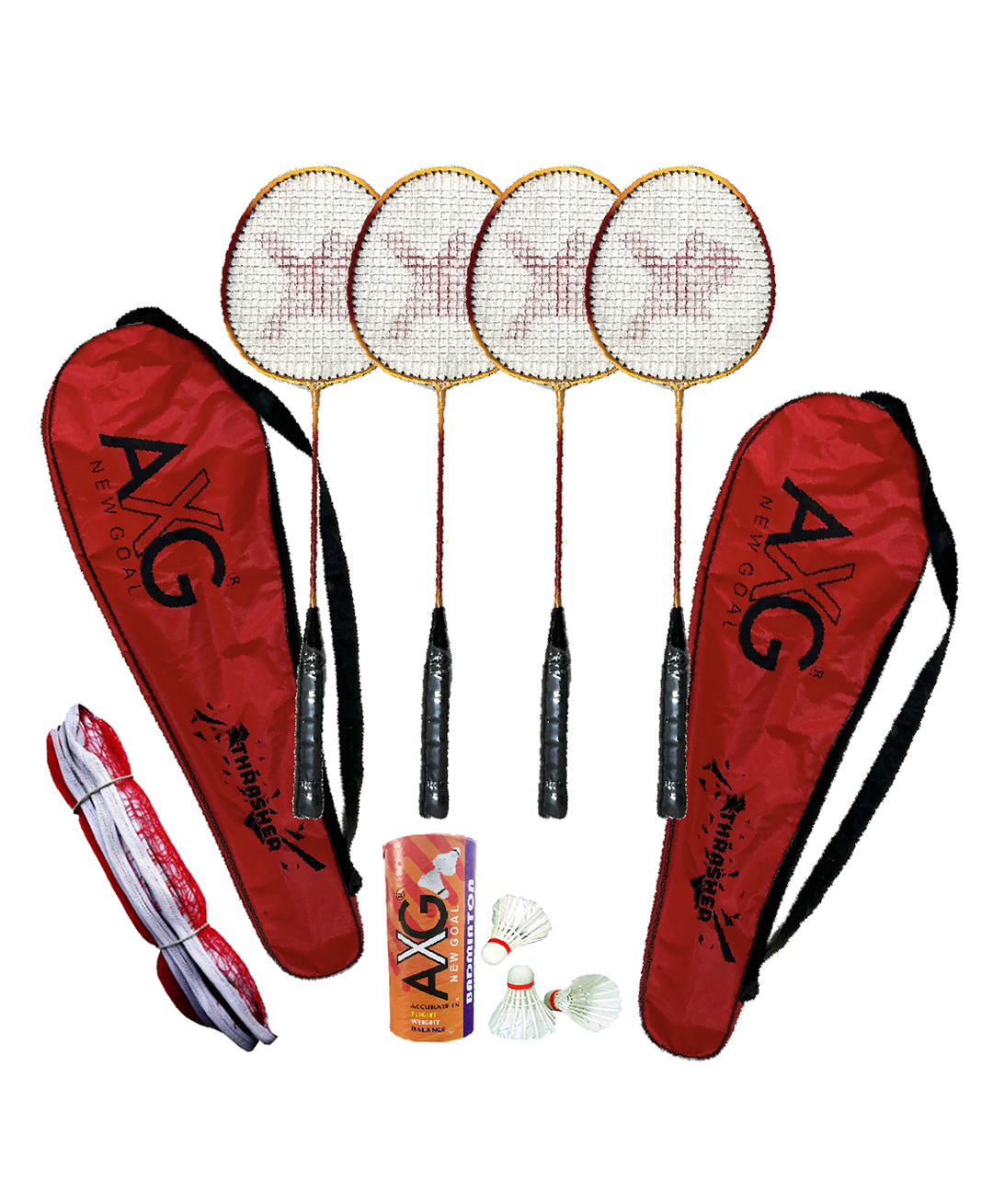 AXG New Goal Classy Colored Thrasher Racquets with Feather shuttles and Net Badminton Kit (Red)-picture-39