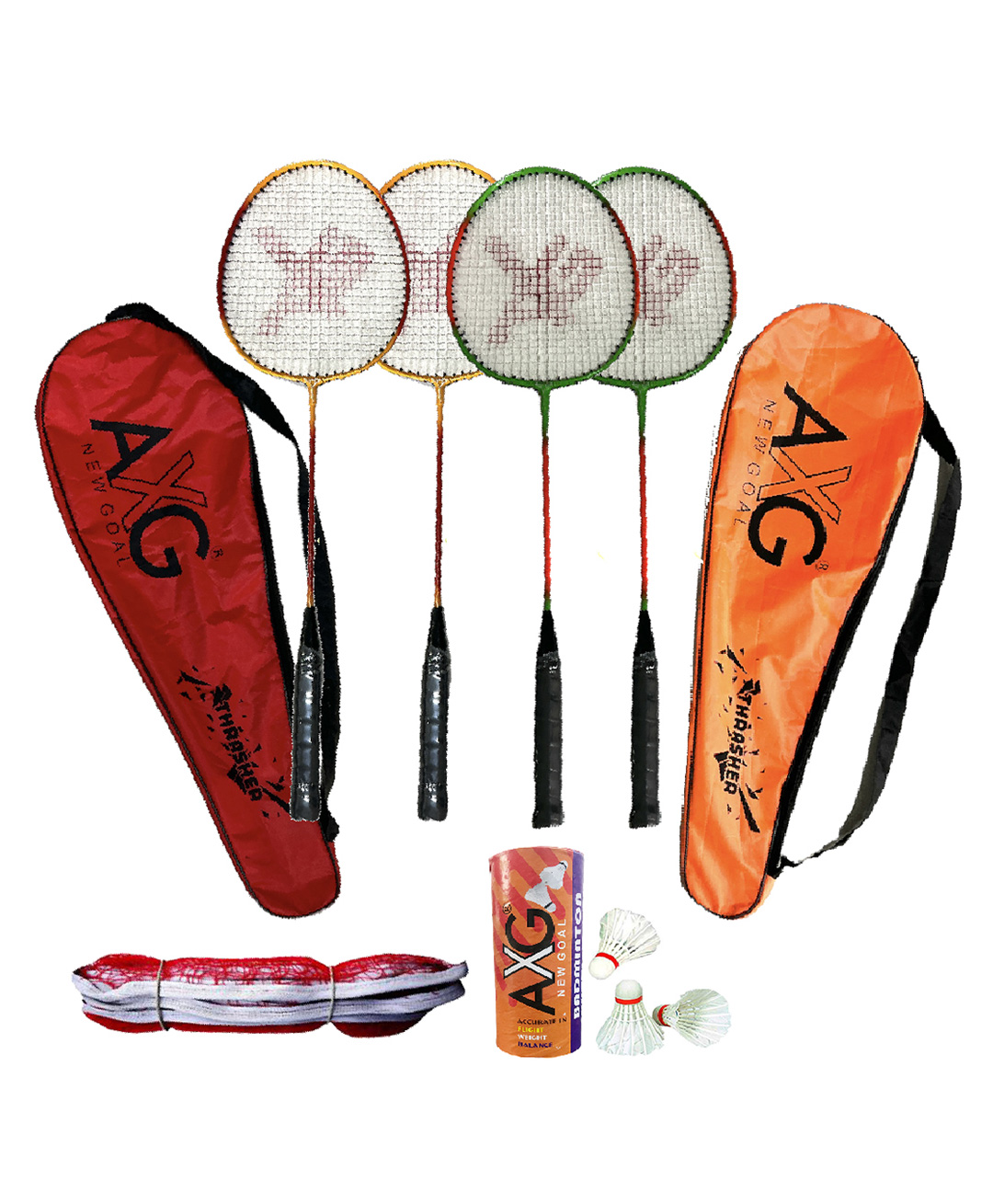 AXG New Goal Classy Colored Thrasher Racquets with Feather shuttles and Net Badminton Kit (Multicolor)-picture-36