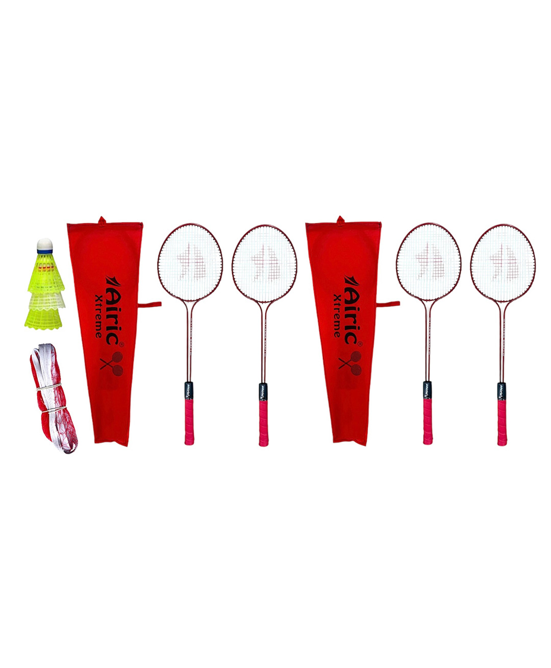 Airic Classic Double Shaft Xtreme Set of 4 with 3 Plastic Shuttles and Net Badminton Kit (Red)-picture-27