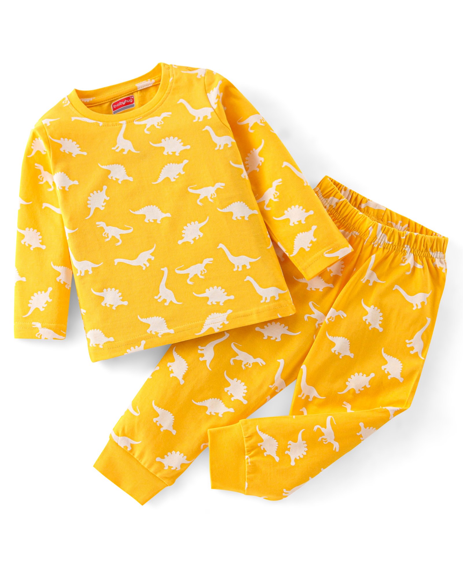 Babyhug Cotton Knit Full Sleeves Dino Printed Night Suit - Yellow-image-41