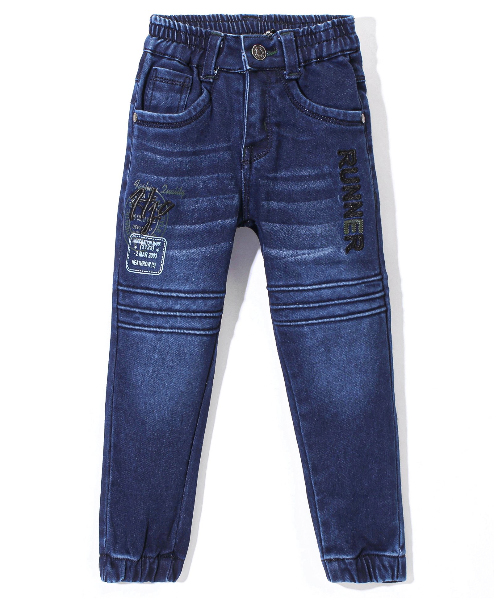Olio Kids Denim Woven Full Length Jeans With Text Embroidery Solid Colour - Deep Blue-picture-15