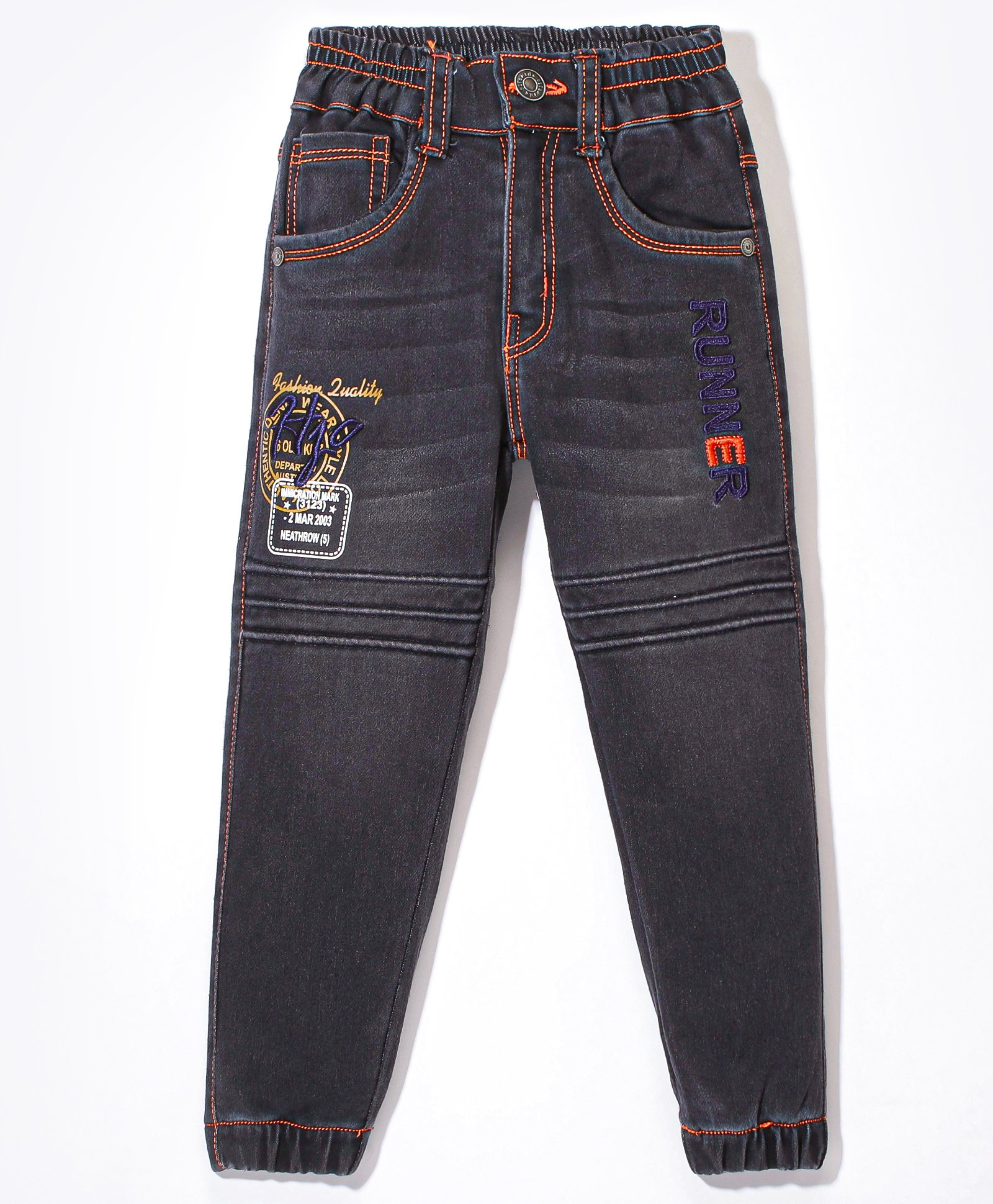 Olio Kids Denim Woven Full Length Jeans With Text Embroidery Solid Colour - Black-picture-16