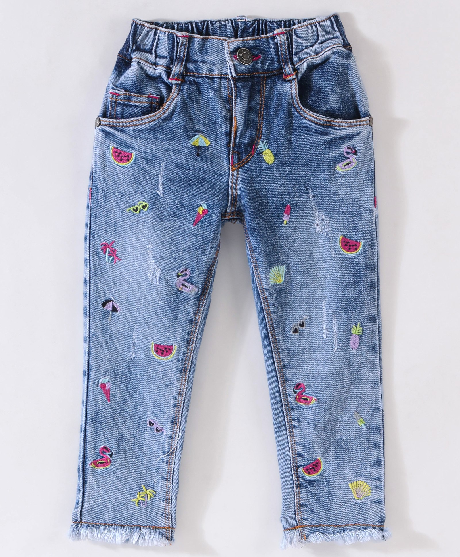 Olio Kids Full Length Denim Jeans with Fruits Embroidery- Light Blue-picture-24