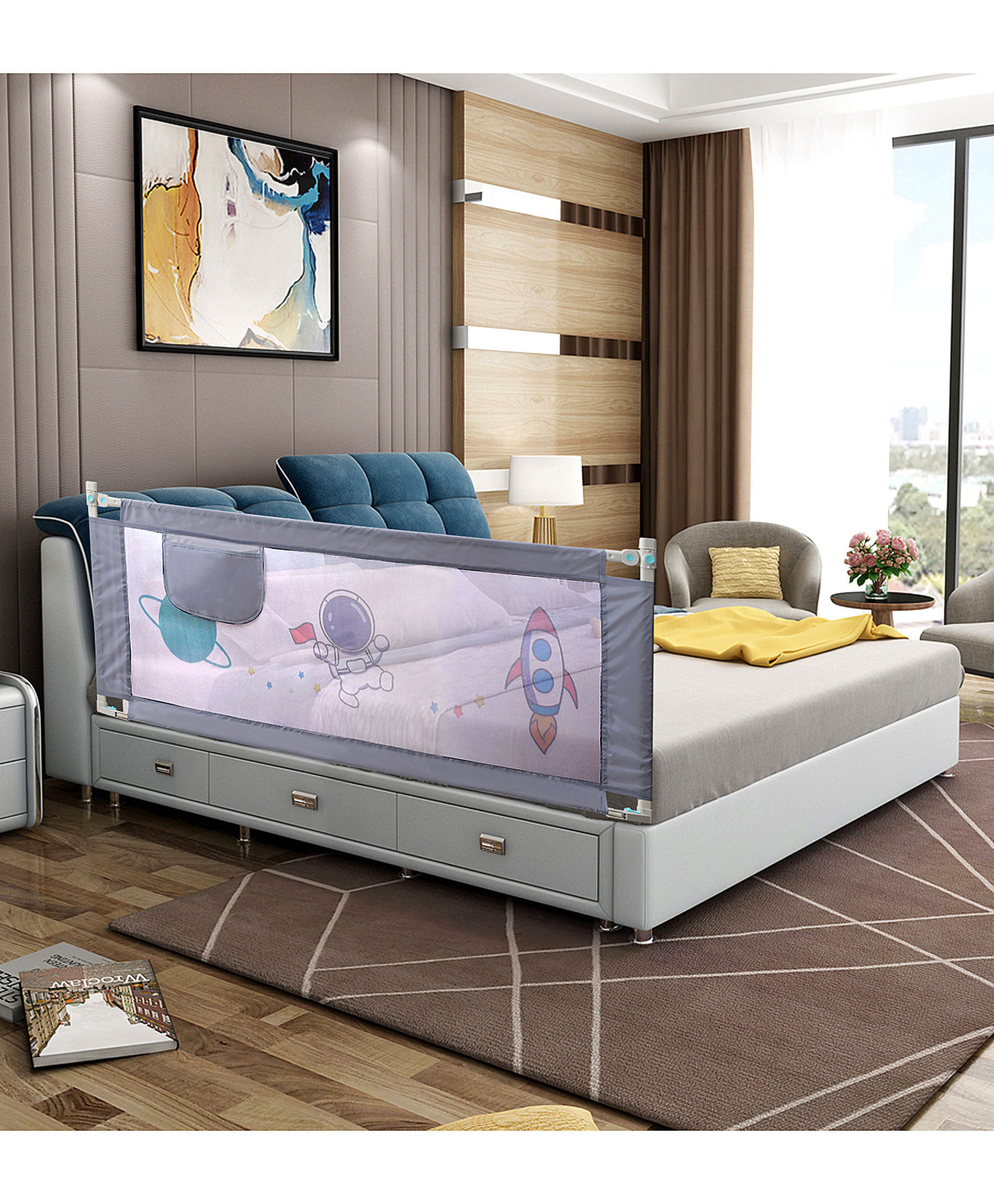 fab n funky Space Print Bed Guard & Rail for Baby Safety 1.8 Meter- Grey-picture-16