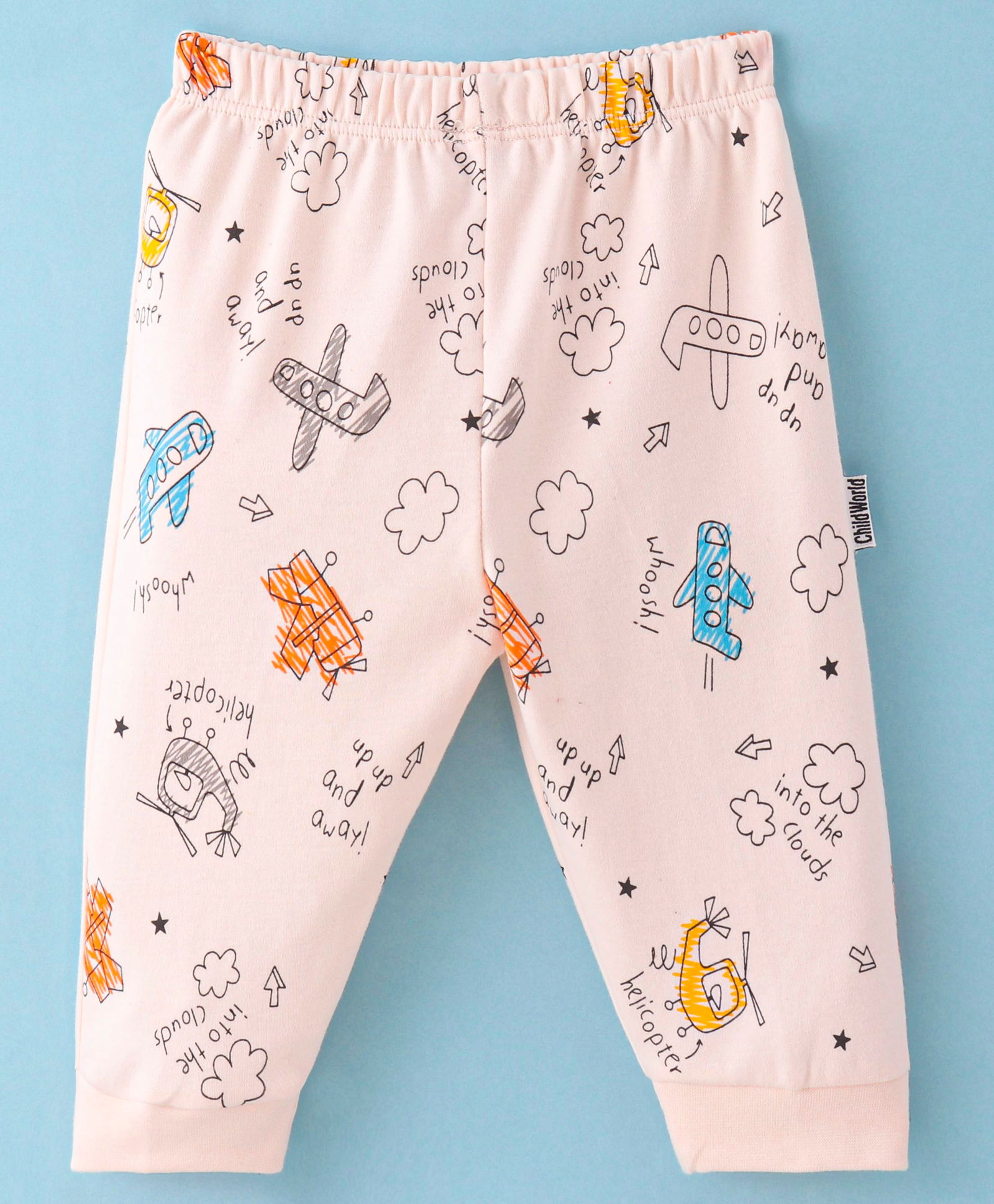 Child World Interlock Full Length Lounge Pants With Aeroplane Print - Peach-picture-18