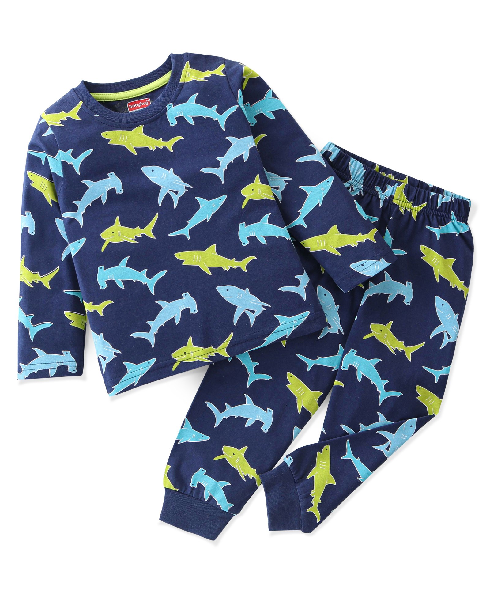Babyhug Single Jersey Full Sleeves Night Suit Sharks Print - Navy Blue-image-35