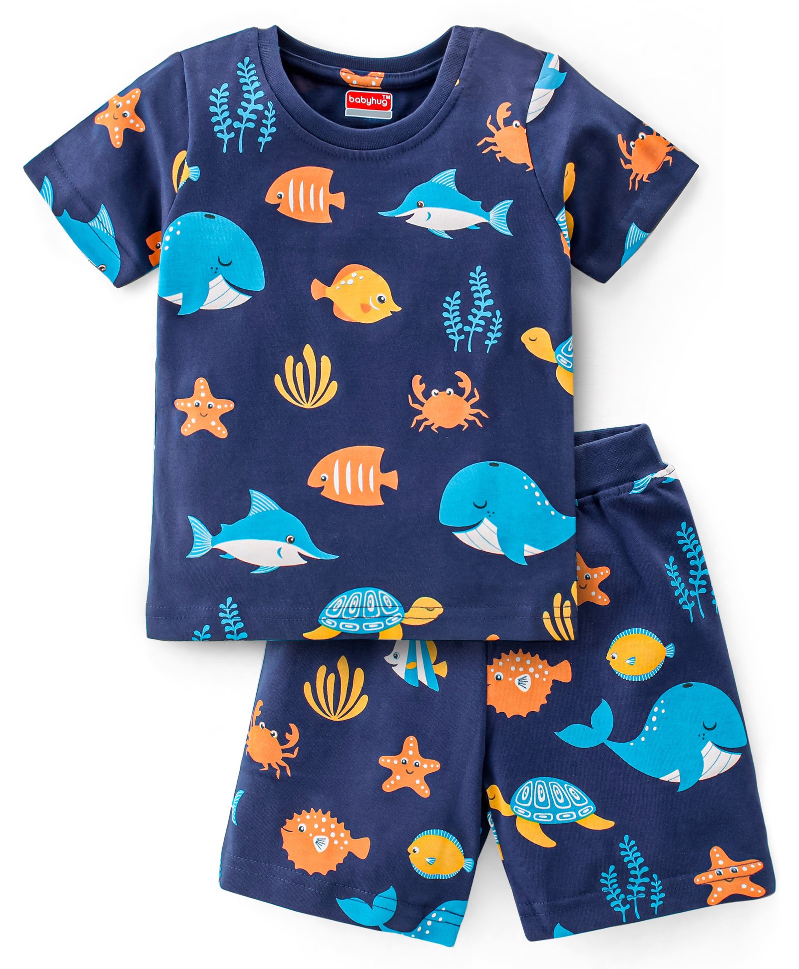 Babyhug Single Jersey Knit Half Sleeves Night Suit With Sea Life Print - Navy Blue-image-32