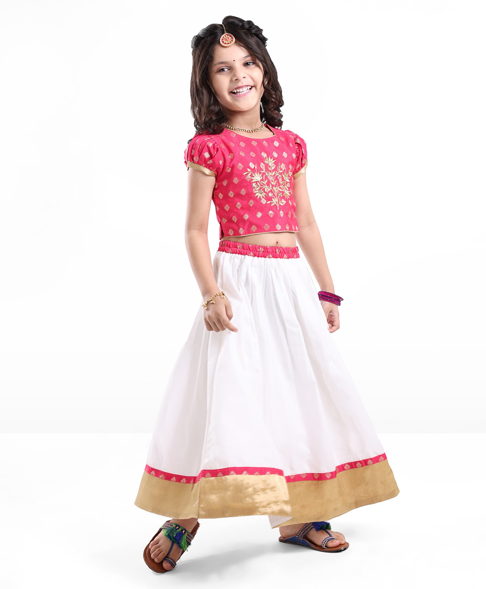 Babyhug Half Sleeves Pattu Pavada Choli & Lehenga with Floral Embroidery - Fuchsia-image-46