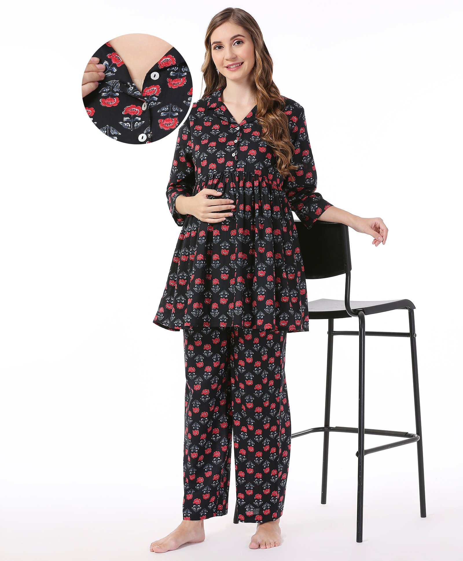 Bella Mama Cotton Woven Three Fourth Sleeves Floral Print Nursing Night Suit - Multicolour