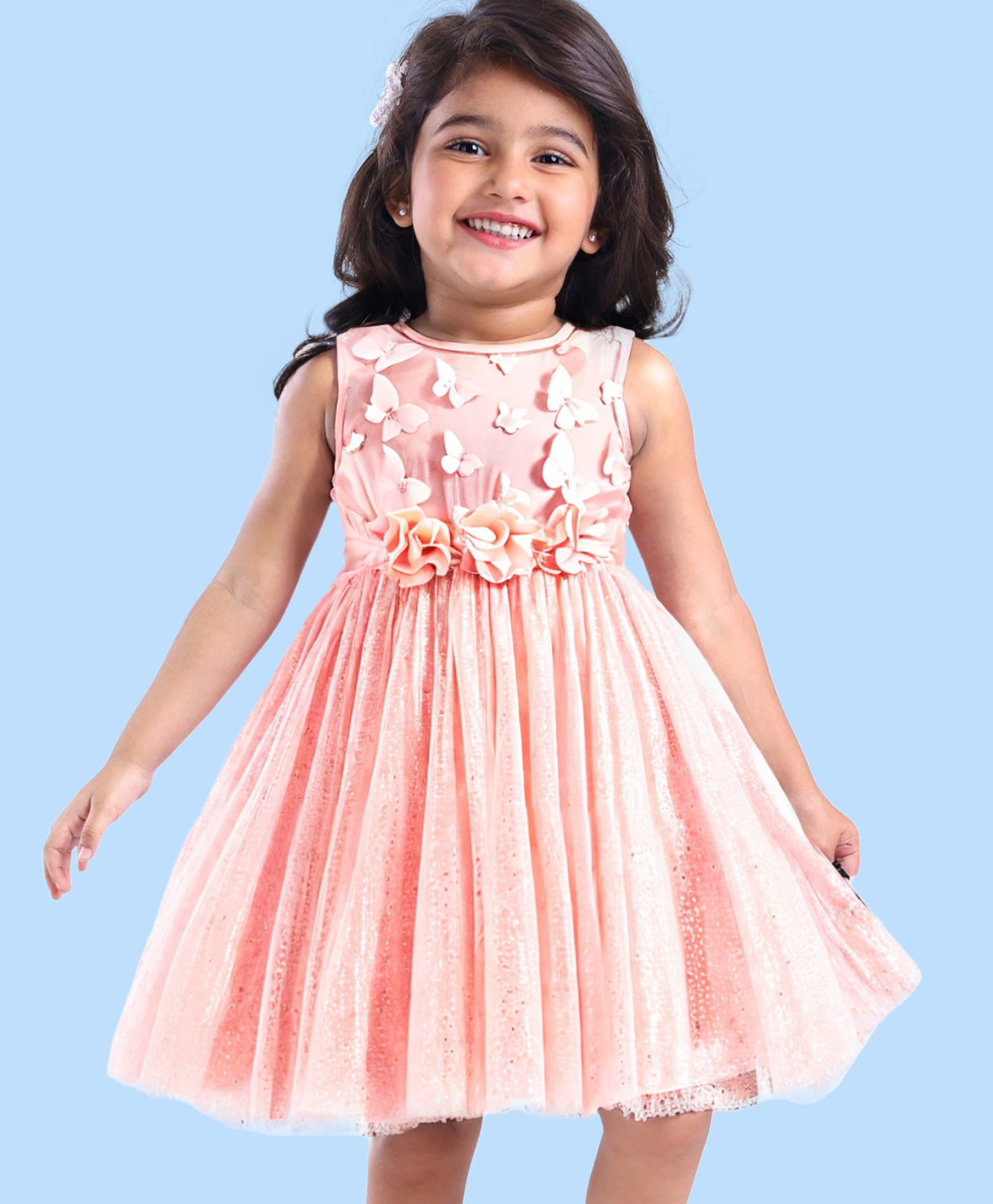 Babyhug Woven Sleeveless Party Dress with 3D Butterfly Applique - Peach-picture-37